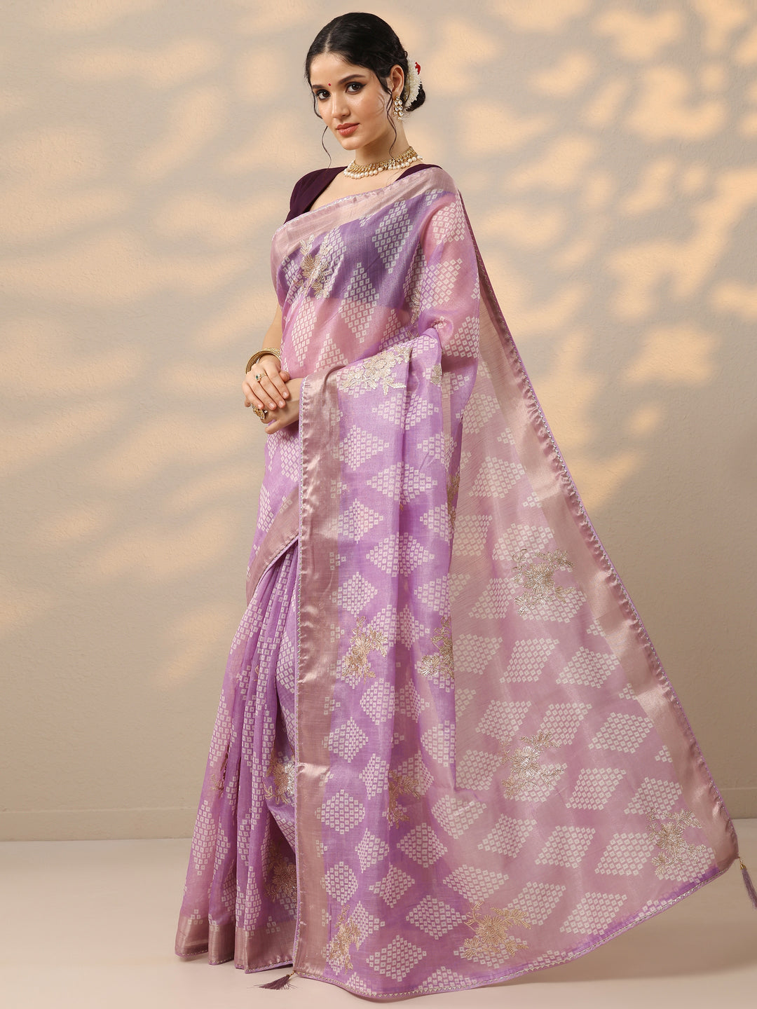  Lavender Printed Banarasi Silk Blend Saree With Unstitched Blouse Piece 