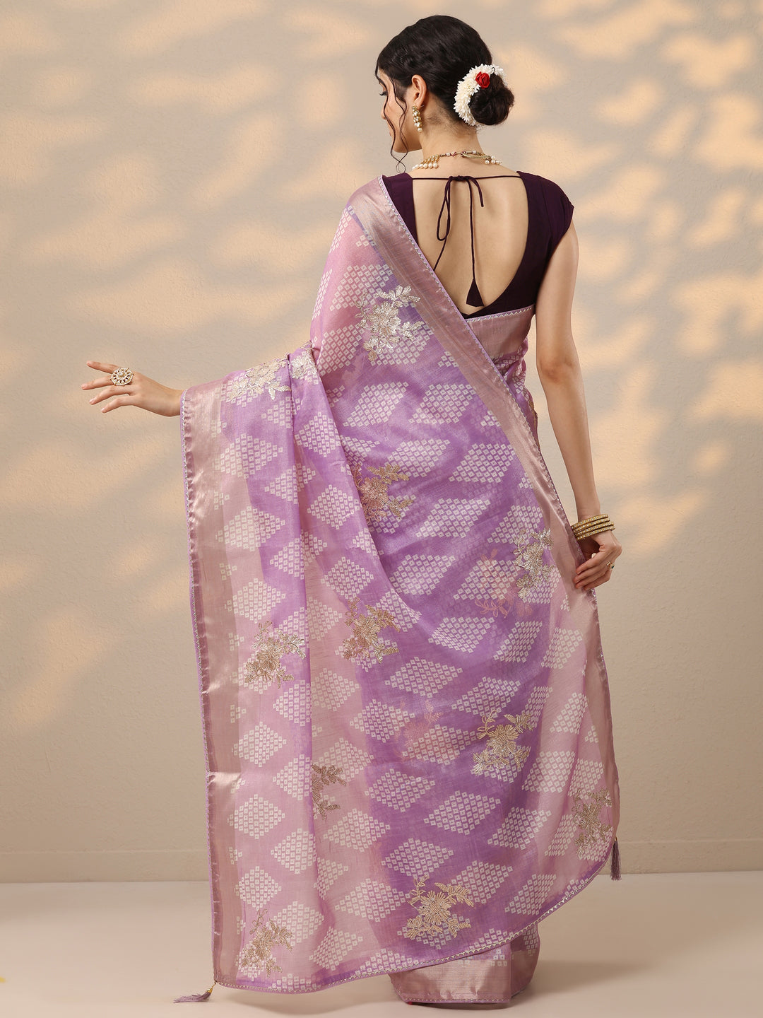  Lavender Printed Banarasi Silk Blend Saree With Unstitched Blouse Piece 