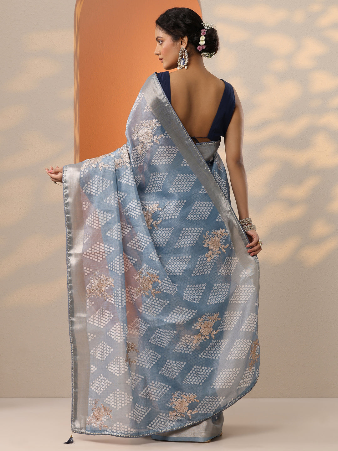  Blue Printed Silk Blend Saree With Unstitched Blouse Piece 