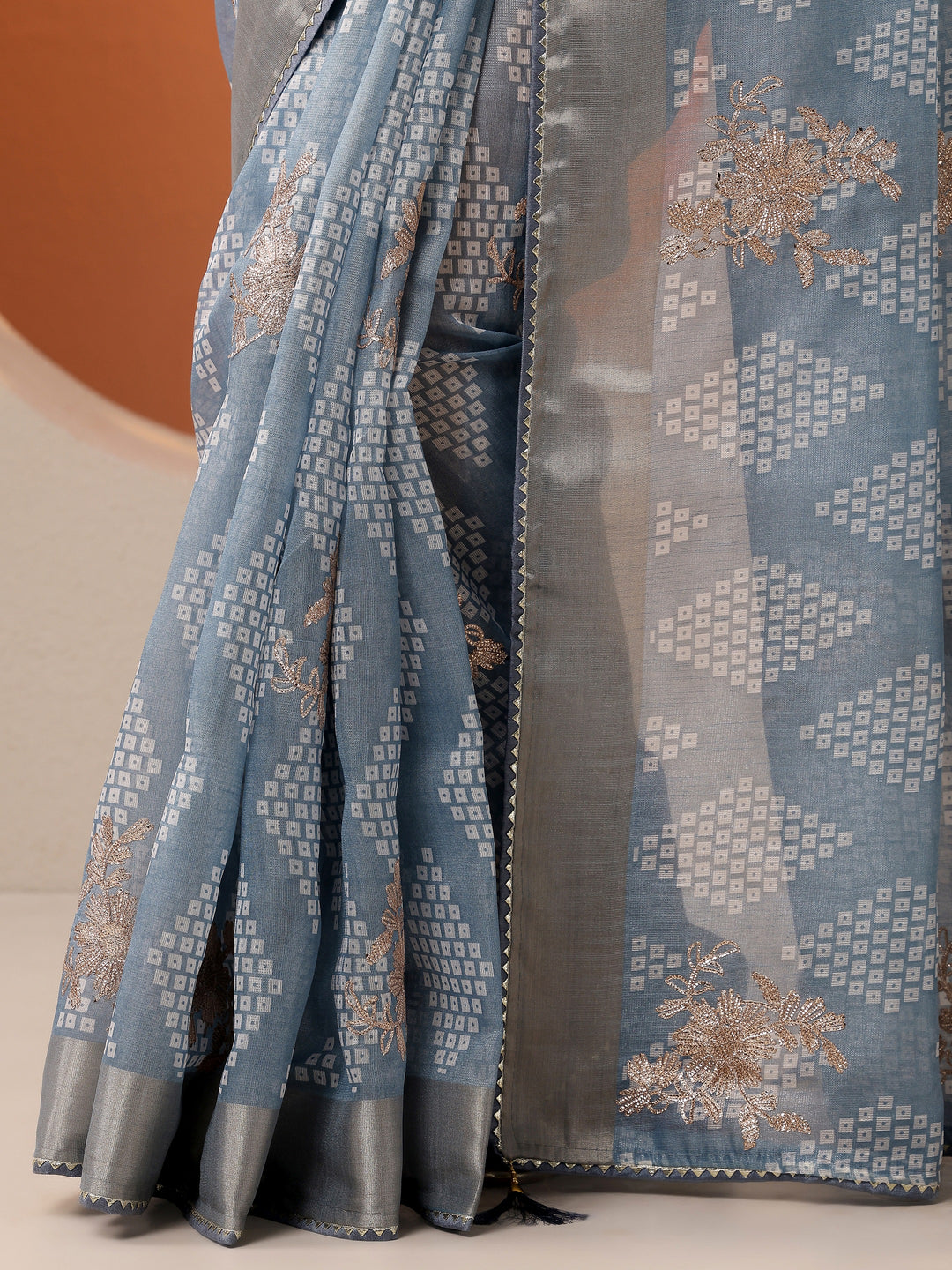  Blue Printed Silk Blend Saree With Unstitched Blouse Piece 