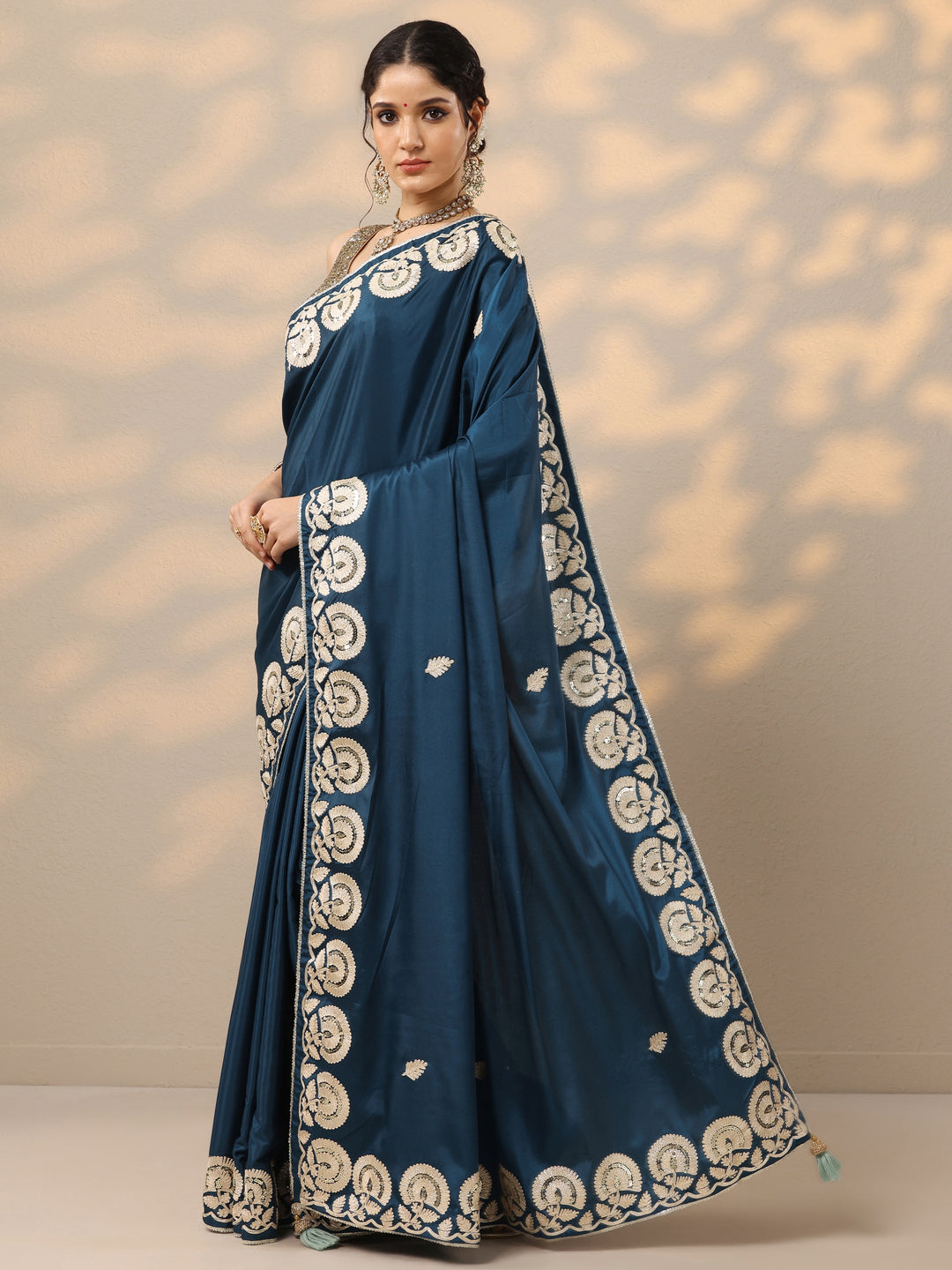  Blue Embroidered Satin Saree With Unstitched Blouse Piece 