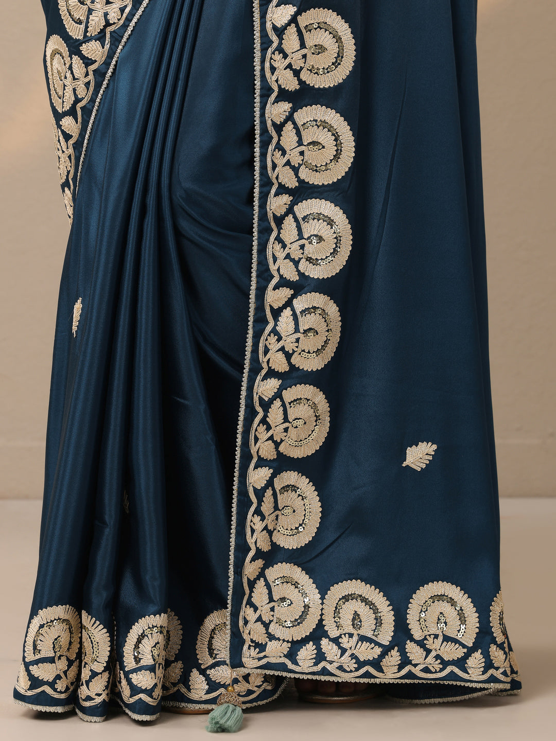  Blue Embroidered Satin Saree With Unstitched Blouse Piece 