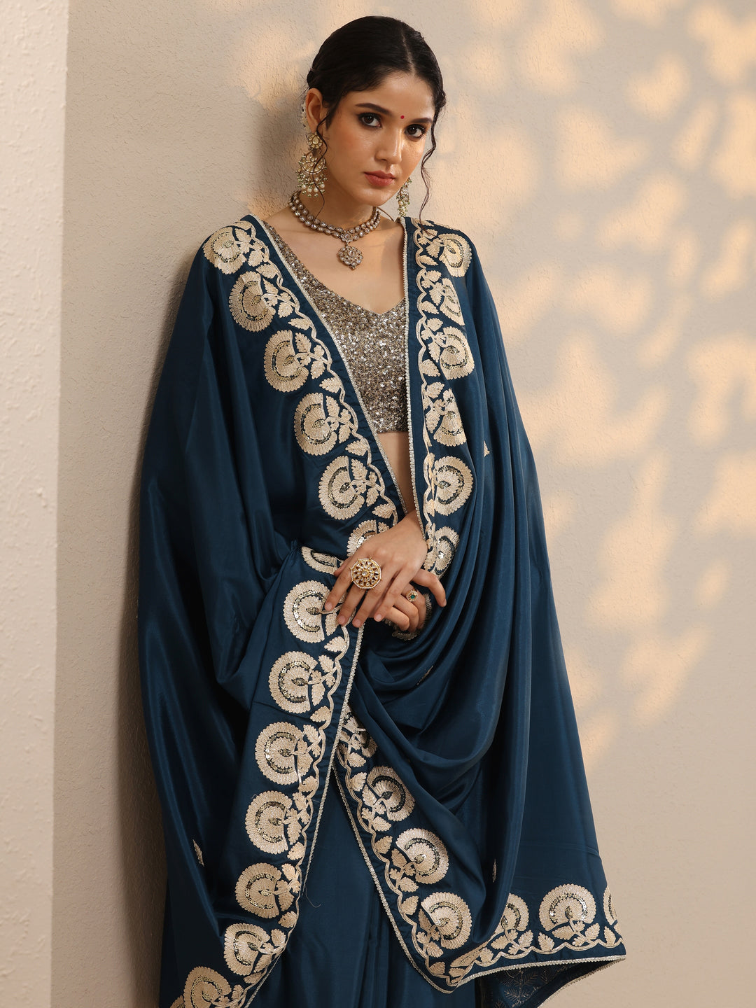  Blue Embroidered Satin Saree With Unstitched Blouse Piece 
