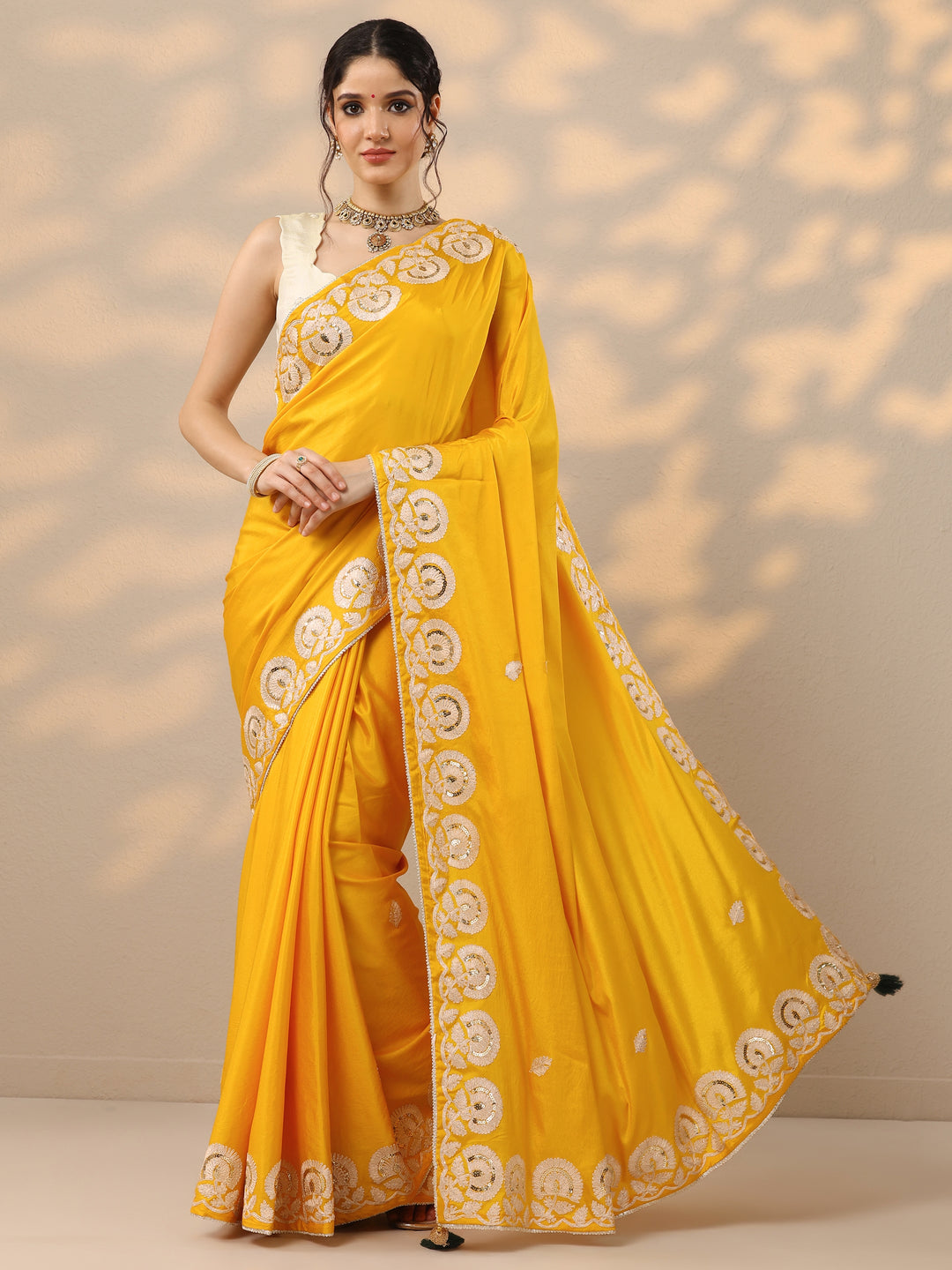 Yellow Embroidered Satin Saree With Unstitched Blouse Piece