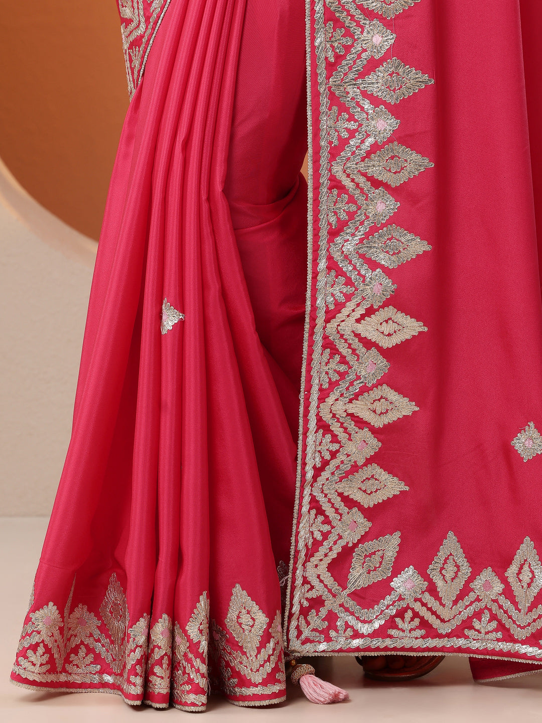  Red Embroidered Satin Saree With Unstitched Blouse Piece 