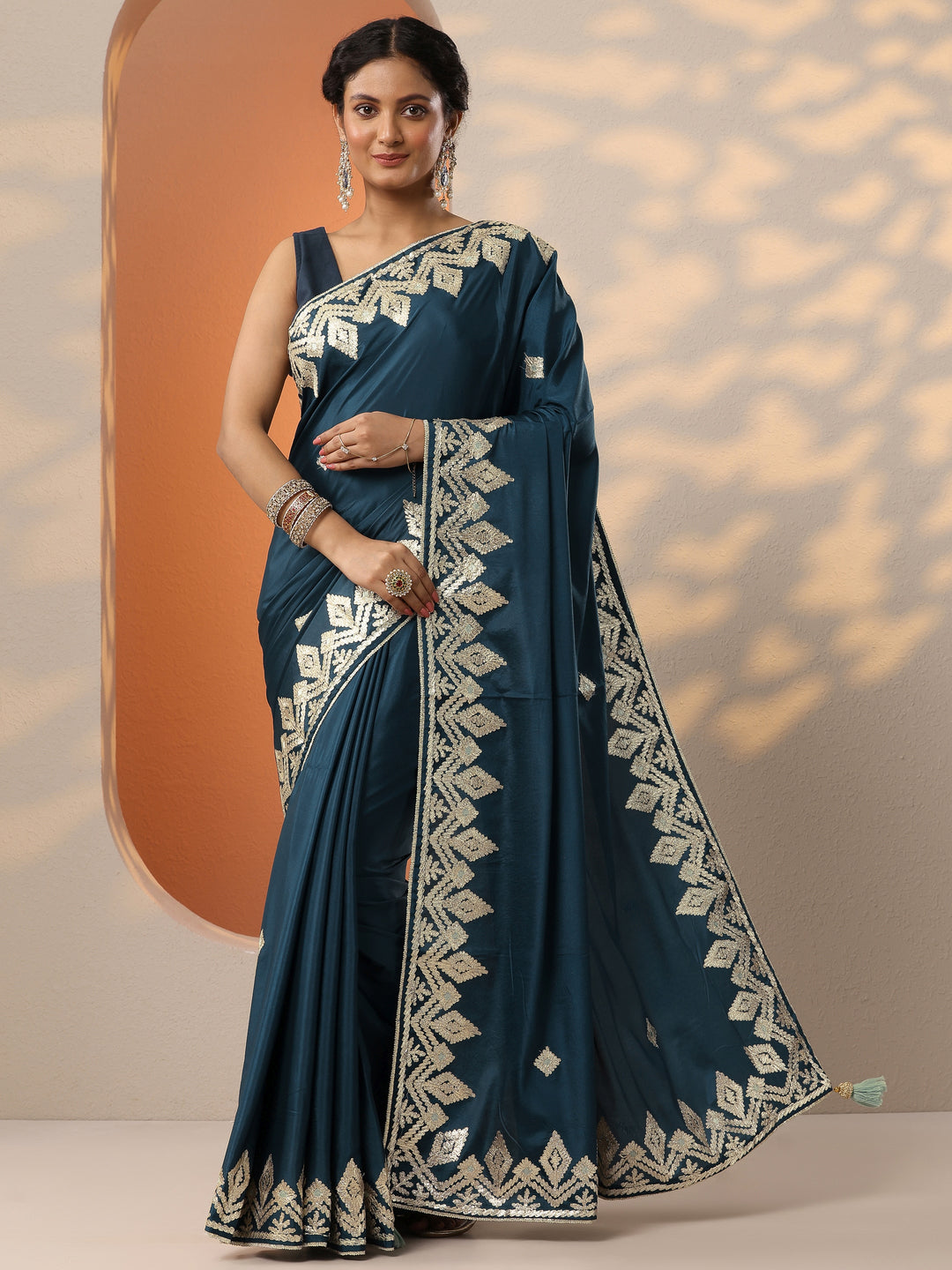  Blue Embroidered Satin Saree With Unstitched Blouse Piece 