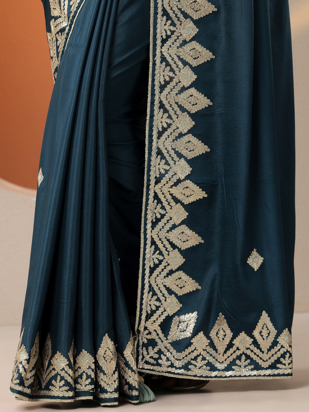  Blue Embroidered Satin Saree With Unstitched Blouse Piece 