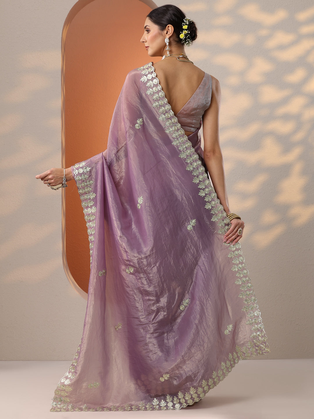  Lavender Embroidered Organza Saree With Unstitched Blouse Piece 