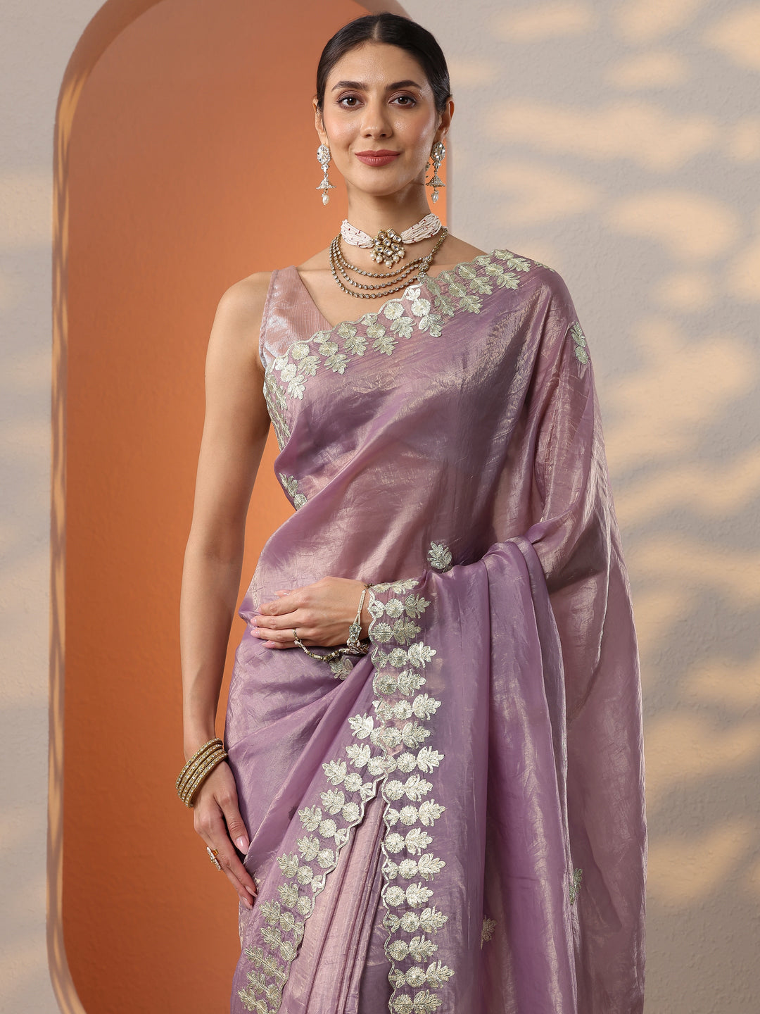  Lavender Embroidered Organza Saree With Unstitched Blouse Piece 