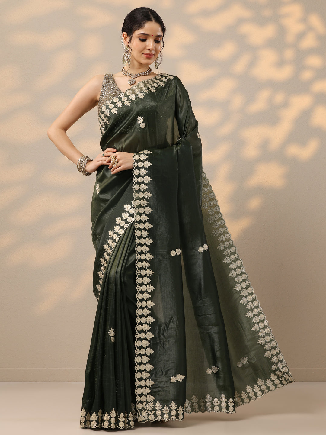  Olive Green Embroidered Organza Saree With Unstitched Blouse Piece 