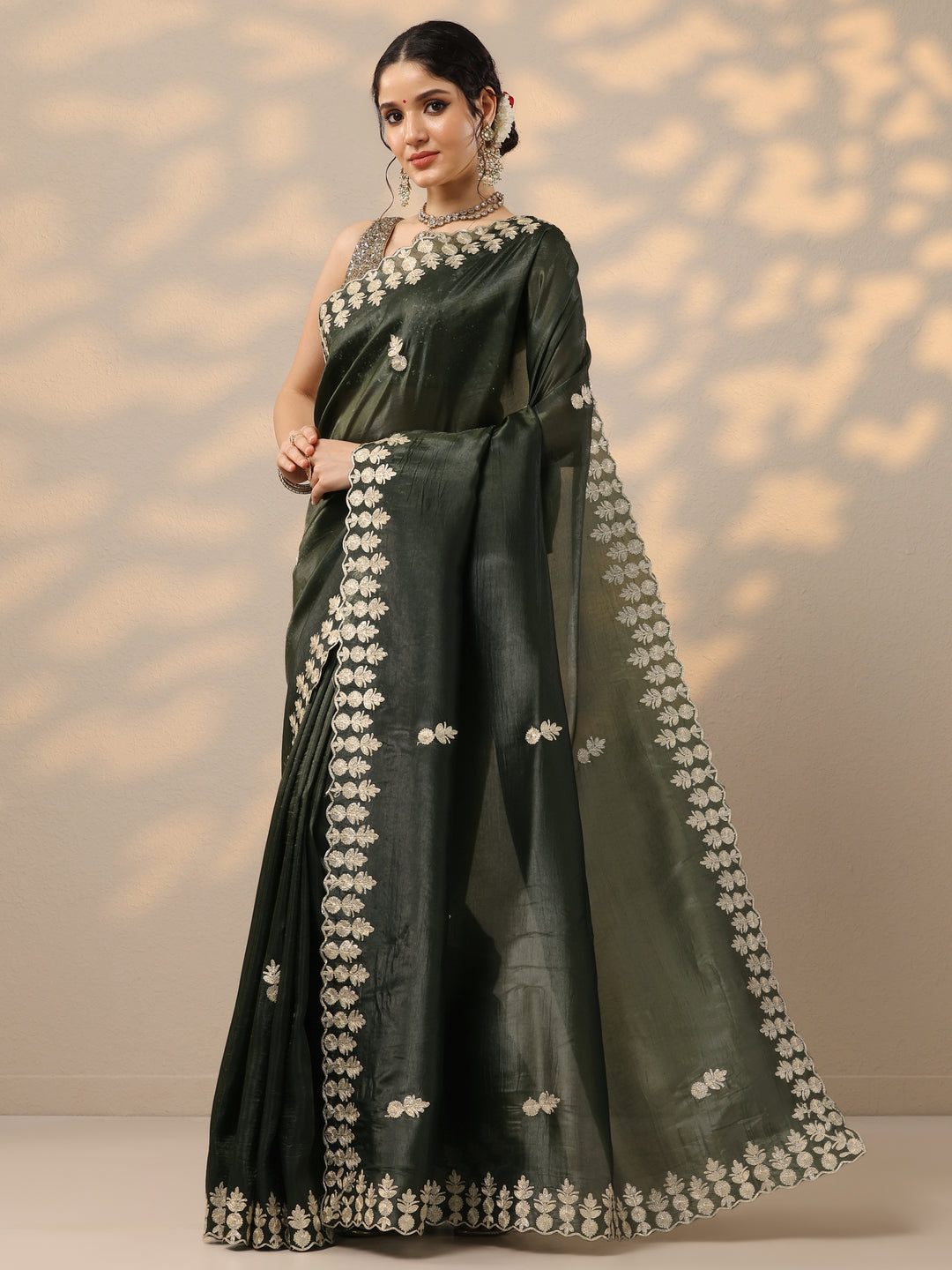  Olive Green Embroidered Organza Saree With Unstitched Blouse Piece 