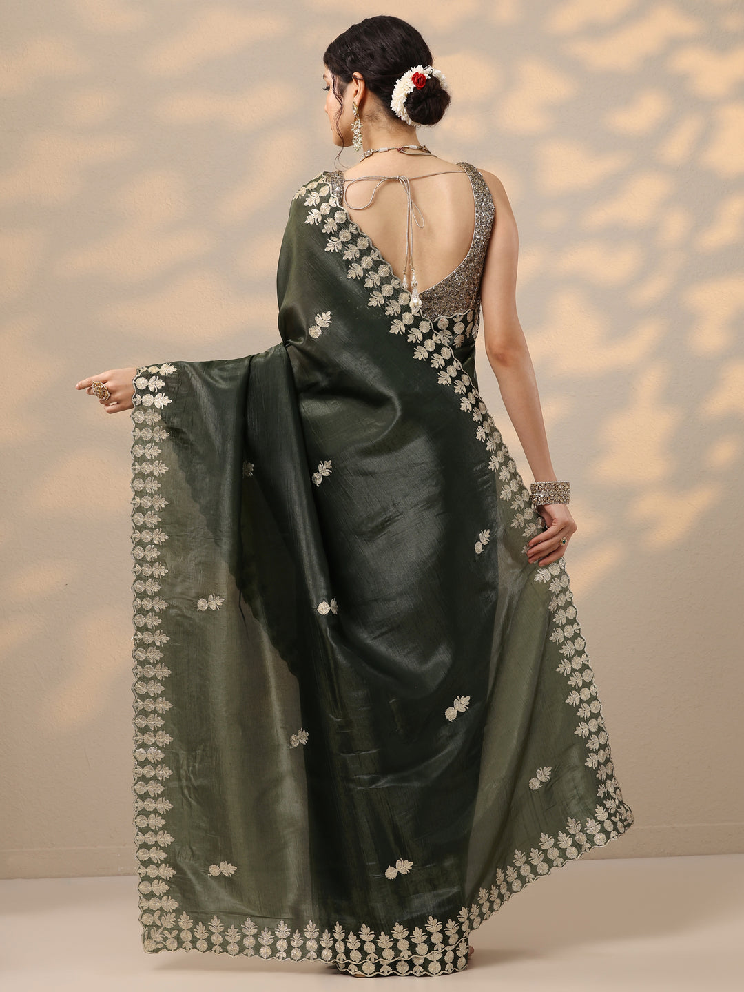  Olive Green Embroidered Organza Saree With Unstitched Blouse Piece 