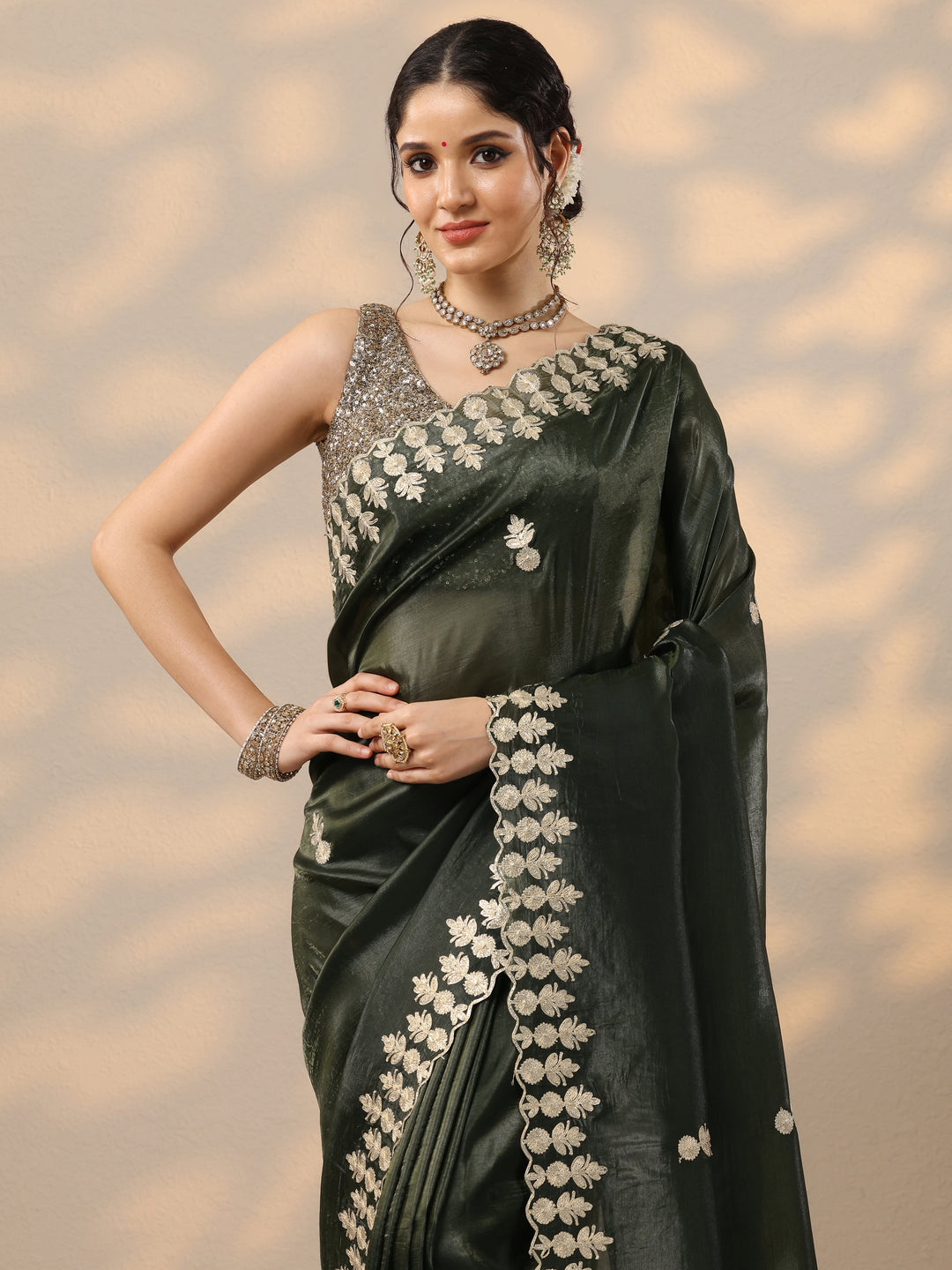  Olive Green Embroidered Organza Saree With Unstitched Blouse Piece 