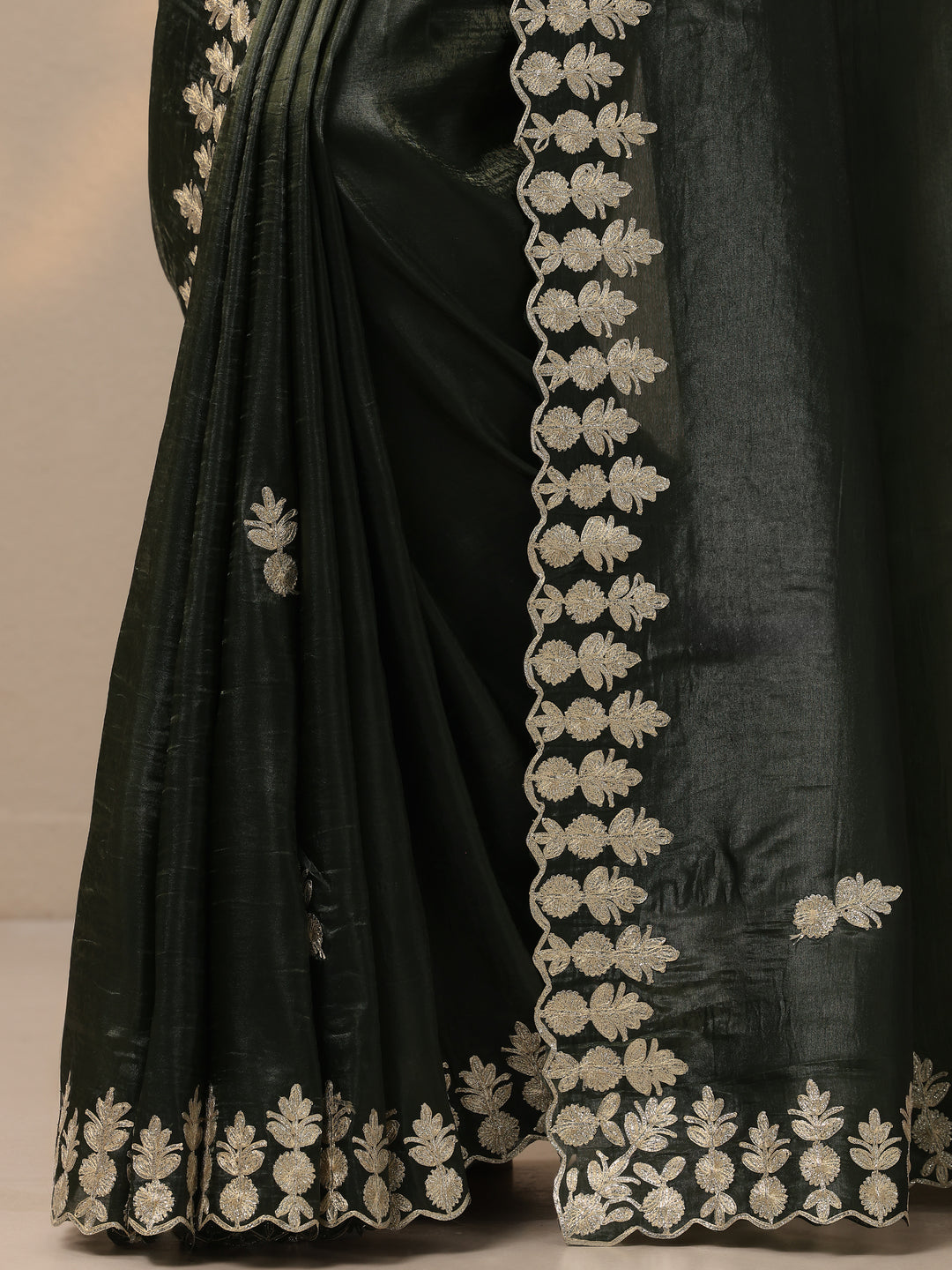  Olive Green Embroidered Organza Saree With Unstitched Blouse Piece 