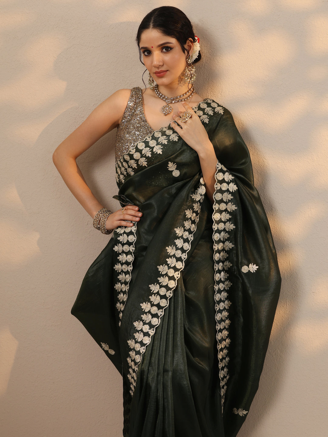  Olive Green Embroidered Organza Saree With Unstitched Blouse Piece 
