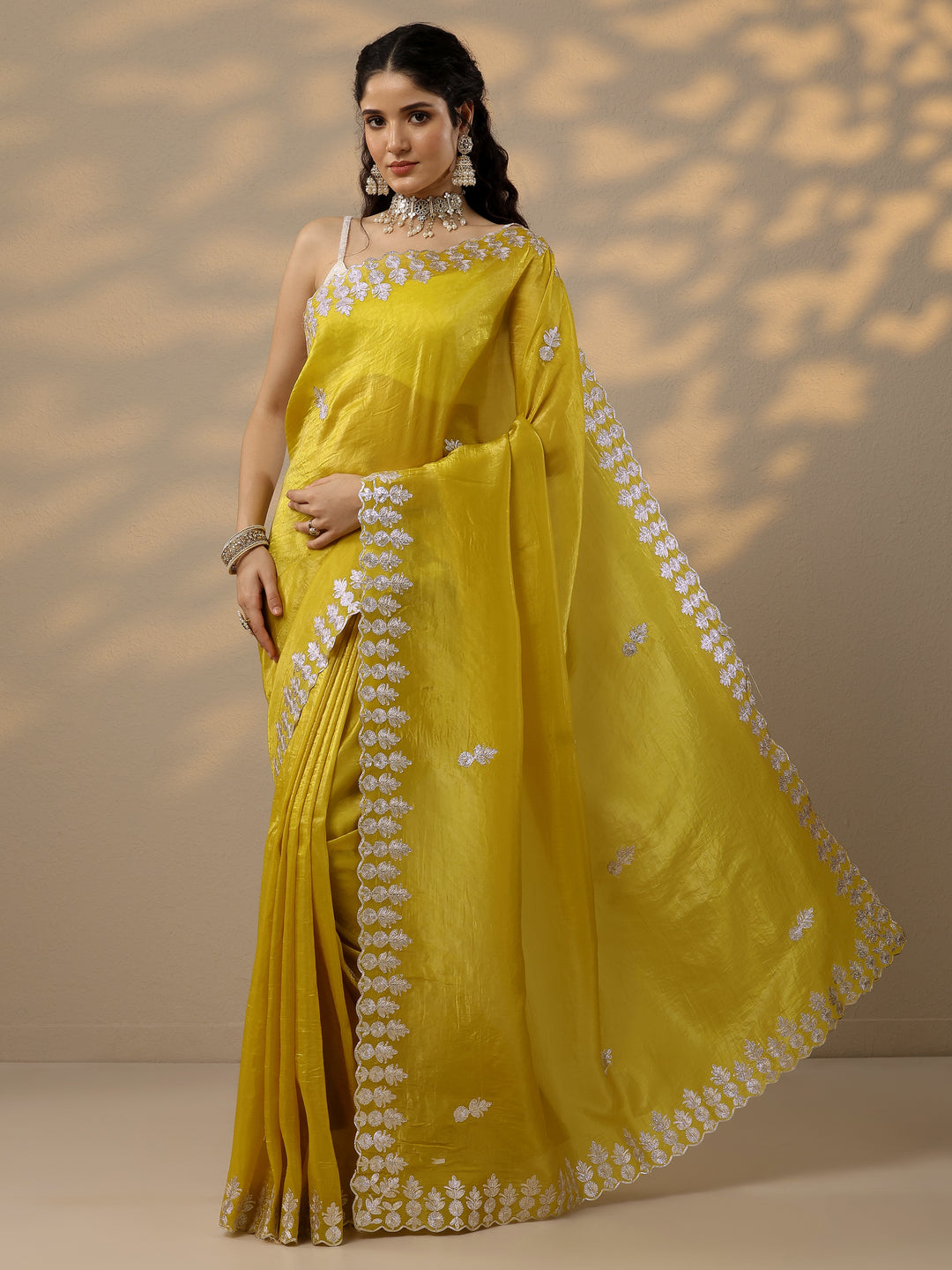  Yellow Embroidered Organza Saree With Unstitched Blouse Piece 