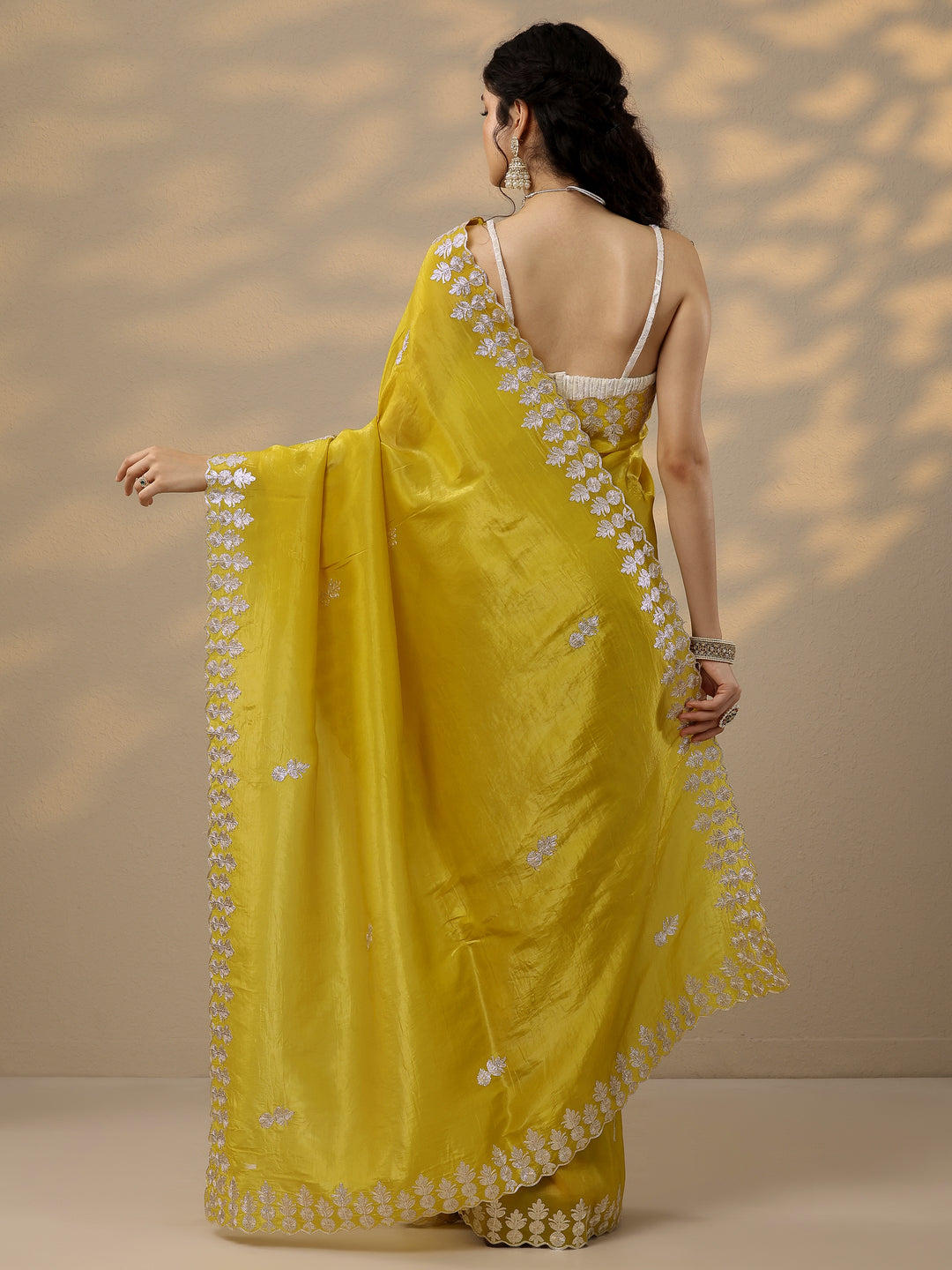  Yellow Embroidered Organza Saree With Unstitched Blouse Piece 