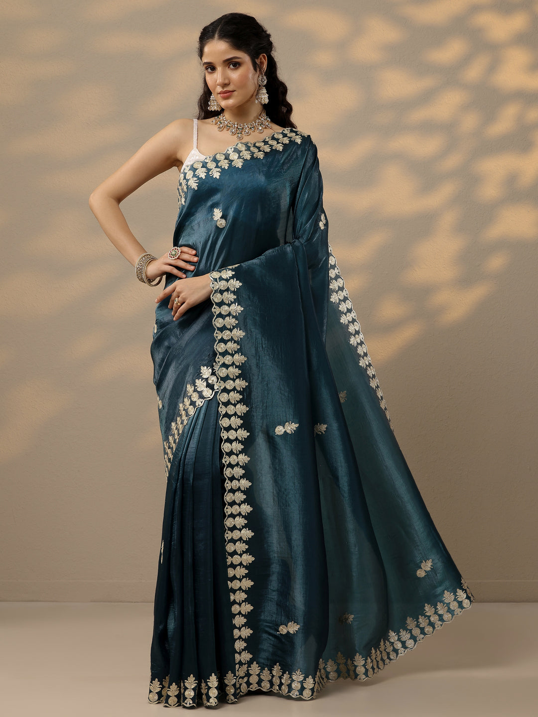  Blue Embroidered Organza Saree With Unstitched Blouse Piece 
