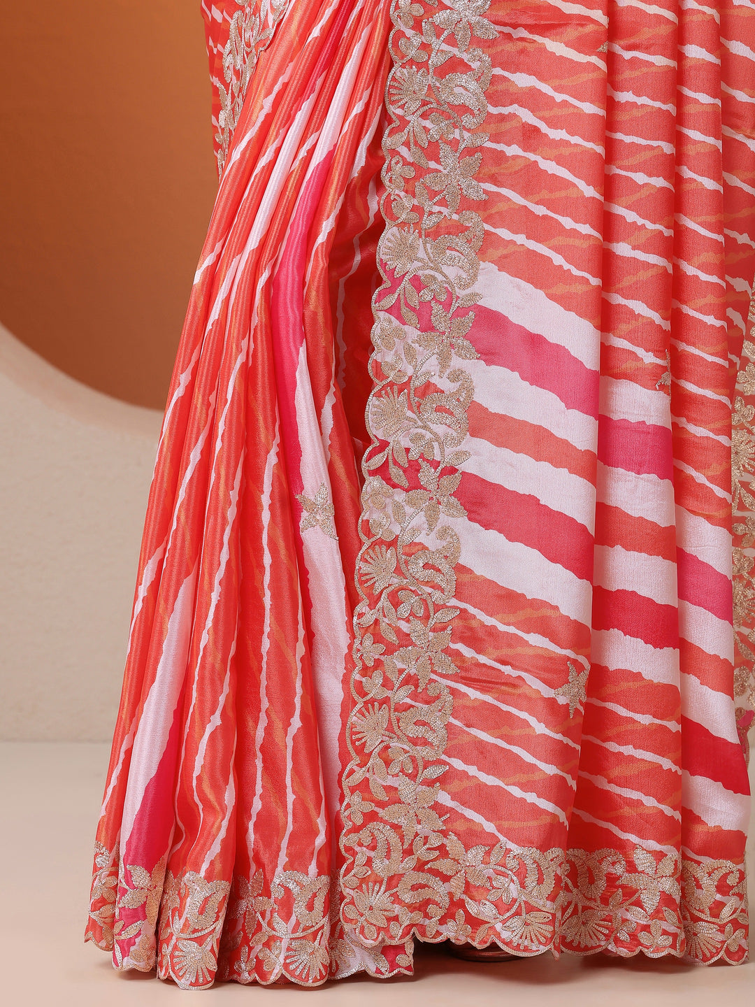  Orange Leheriya Printed Chinon Saree With Unstitched Blouse Piece 