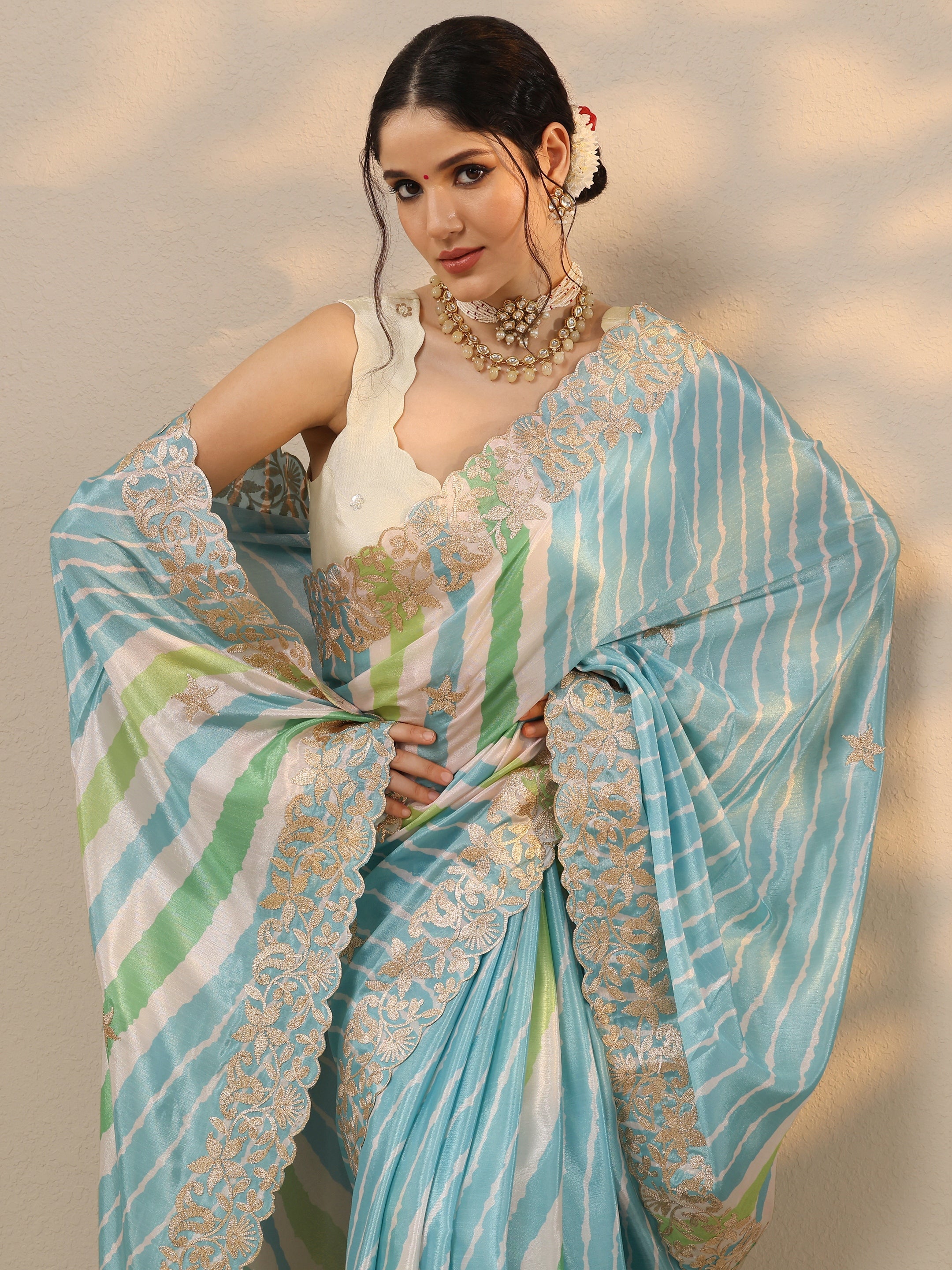 libas Blue Leheriya Printed Chinon Saree With Unstitched Blouse Piece-picture-44