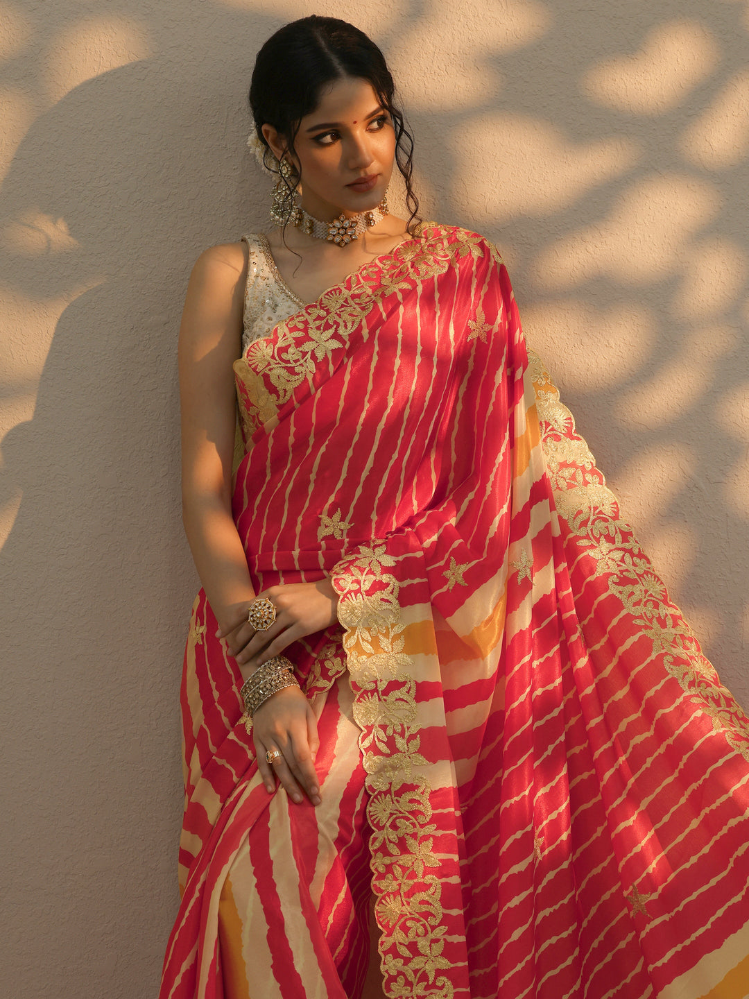 Multi Leheriya Printed Chinon Saree With Unstitched Blouse Piece