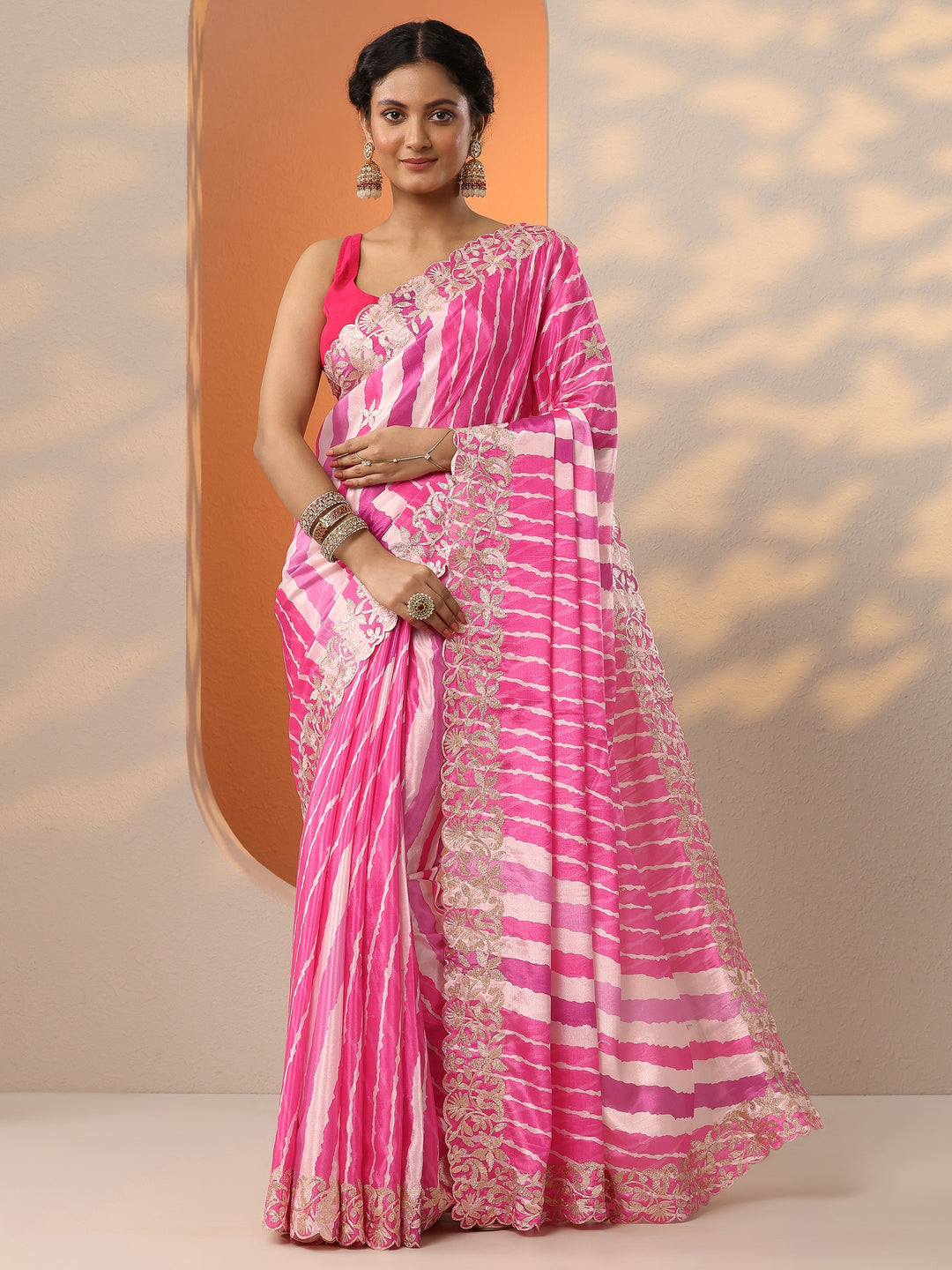  Pink Leheriya Printed Chinon Saree With Unstitched Blouse Piece 
