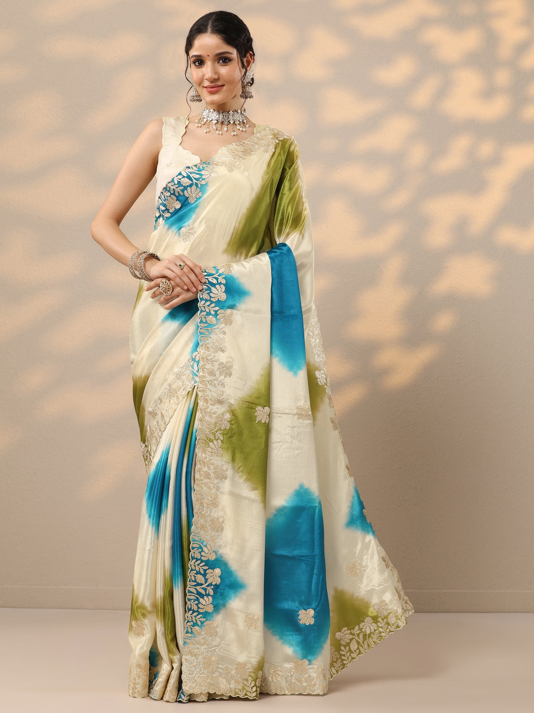  Beige Embroidered Chinon Saree With Unstitched Blouse Piece 
