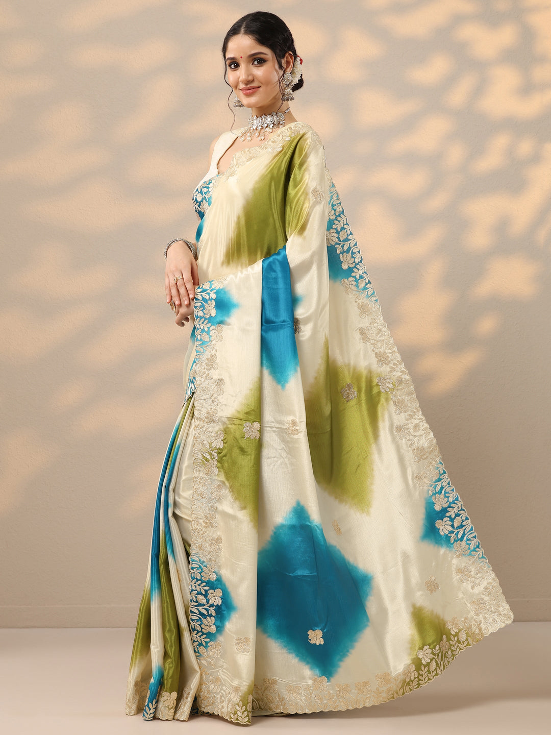  Beige Embroidered Chinon Saree With Unstitched Blouse Piece 