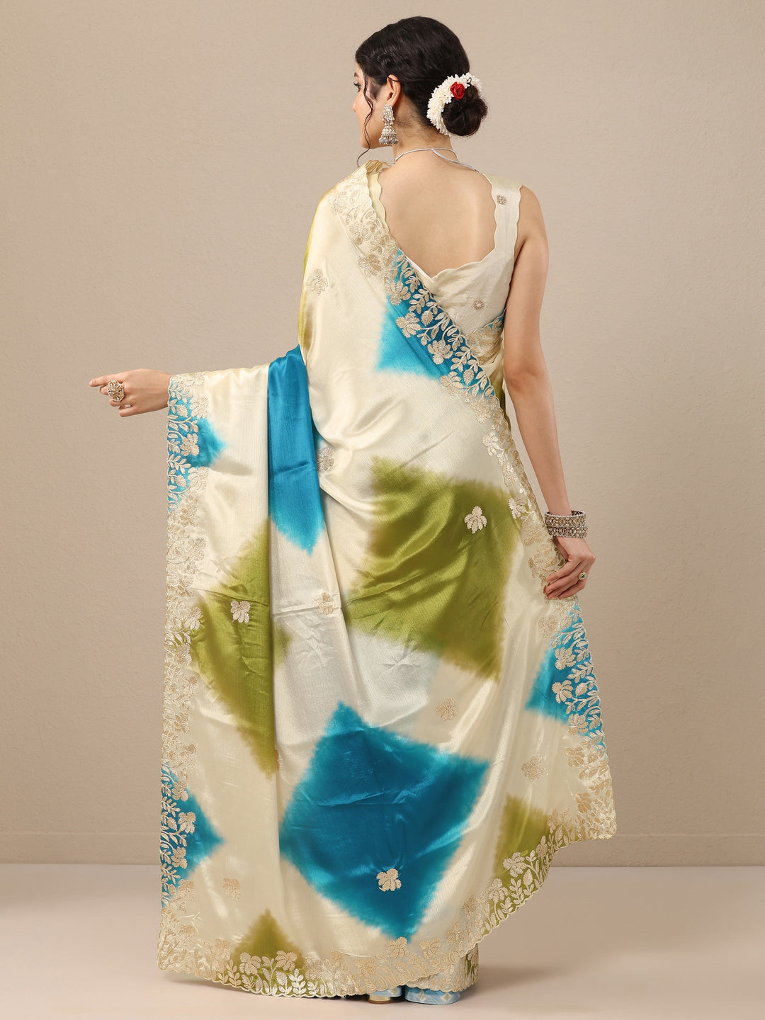  Beige Embroidered Chinon Saree With Unstitched Blouse Piece 
