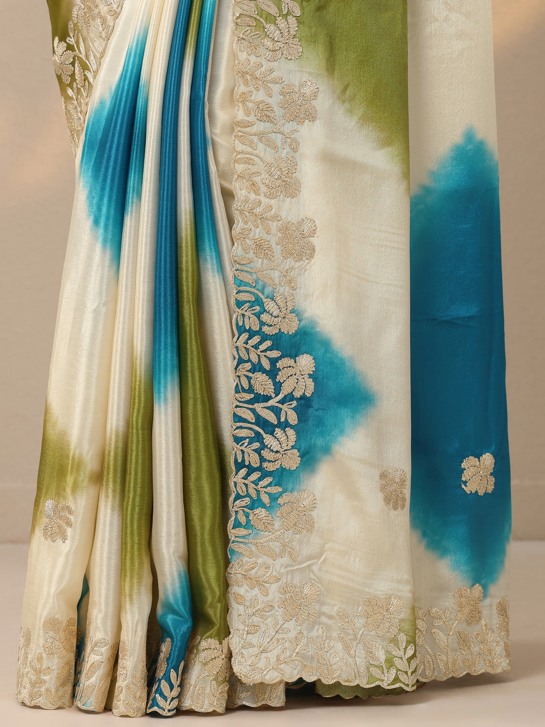 Beige Embroidered Chinon Saree With Unstitched Blouse Piece 