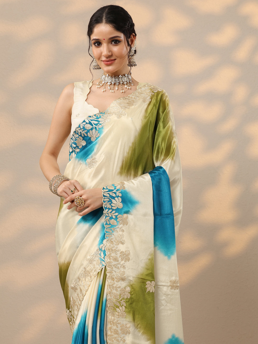  Beige Embroidered Chinon Saree With Unstitched Blouse Piece 