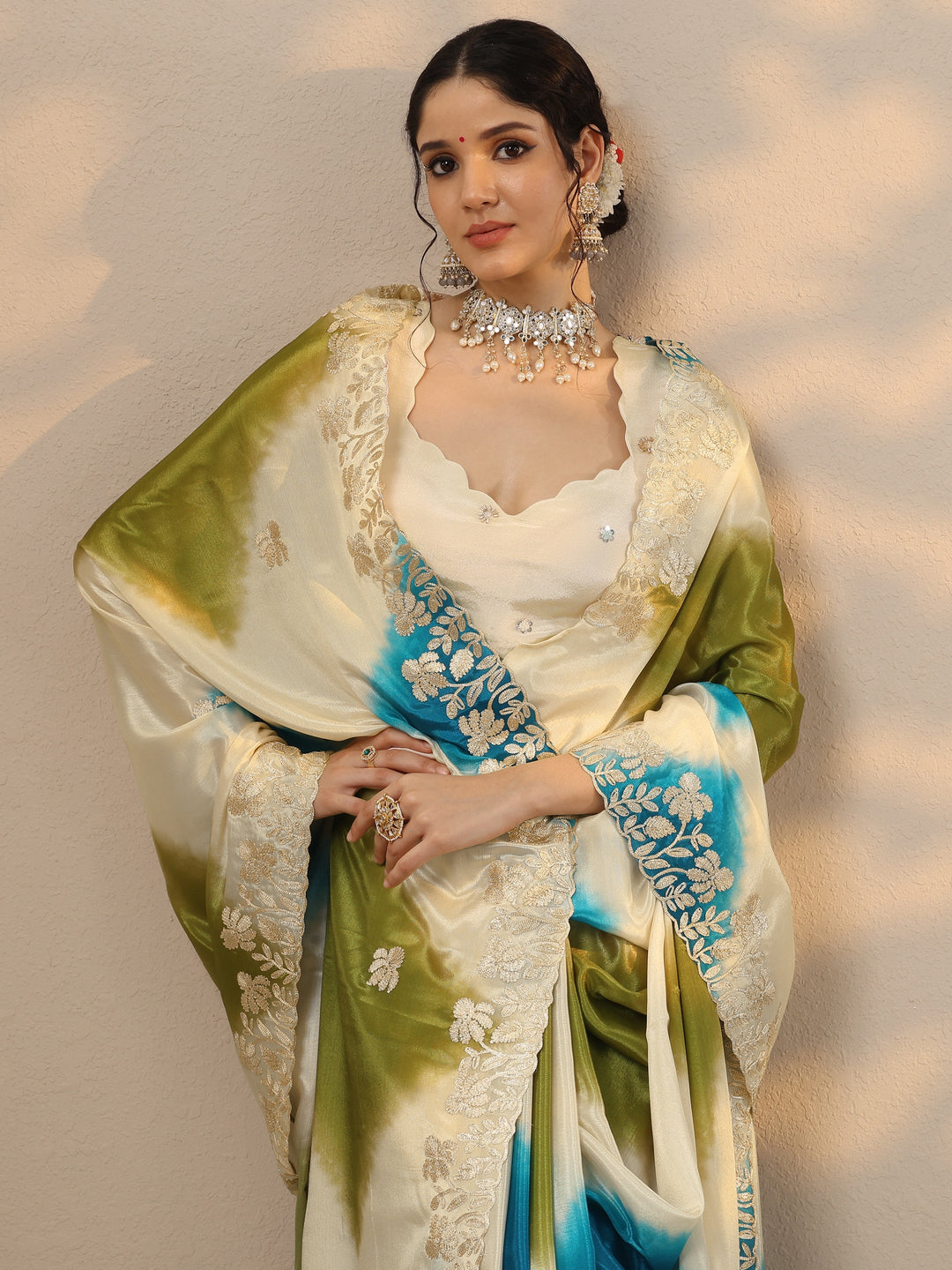  Beige Embroidered Chinon Saree With Unstitched Blouse Piece 