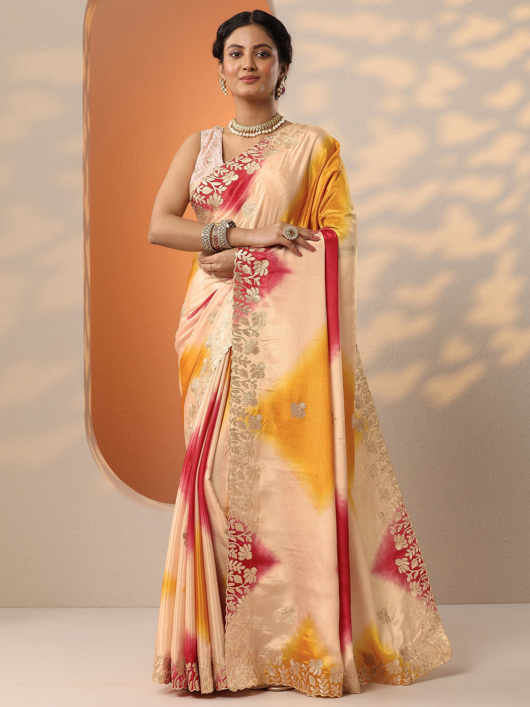  Multi Printed Banarasi Chinon Saree With Unstitched Blouse Piece 
