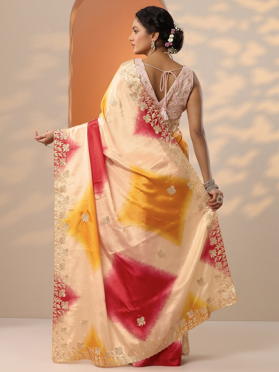  Multi Printed Banarasi Chinon Saree With Unstitched Blouse Piece 