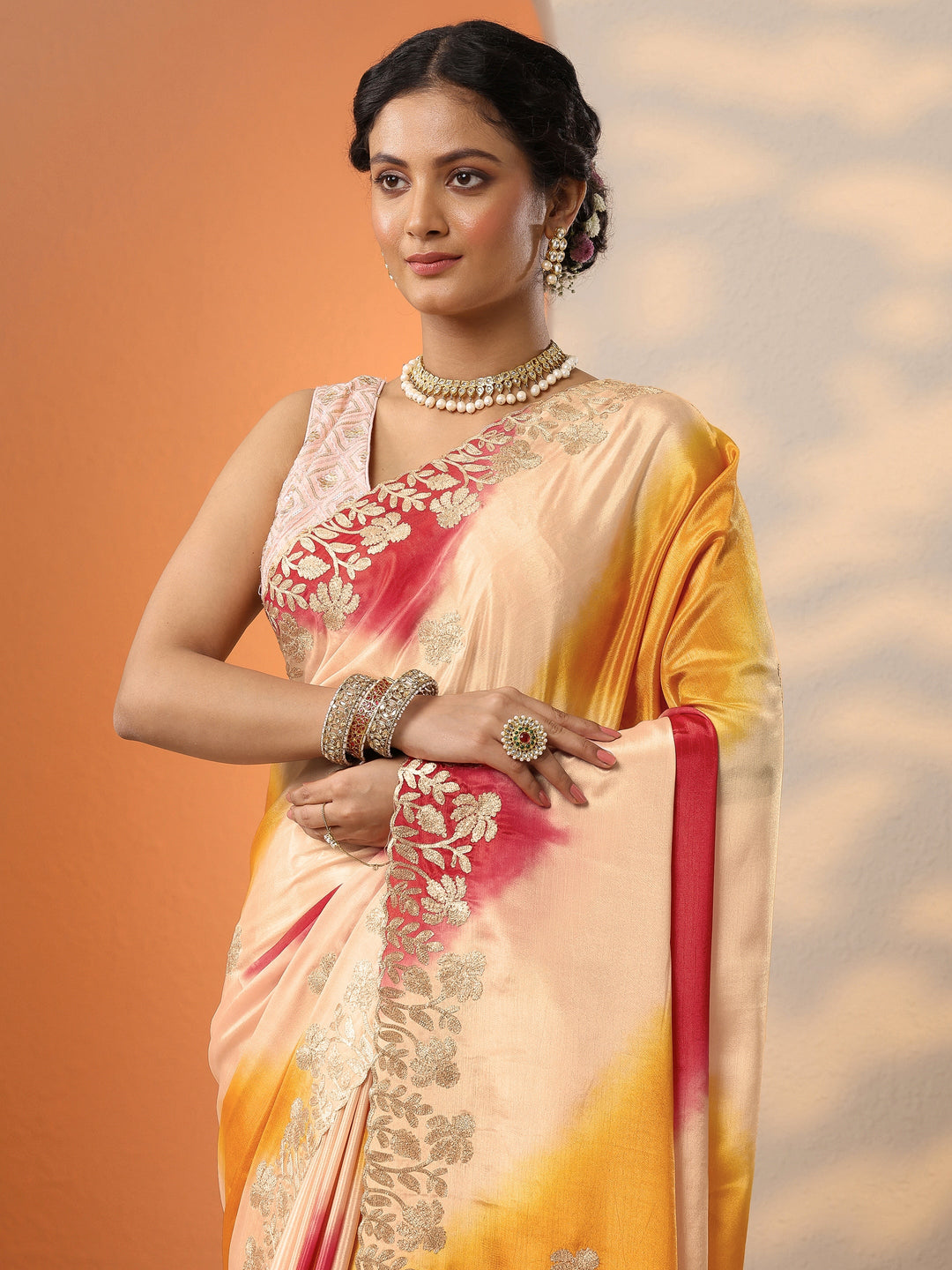  Multi Printed Banarasi Chinon Saree With Unstitched Blouse Piece 