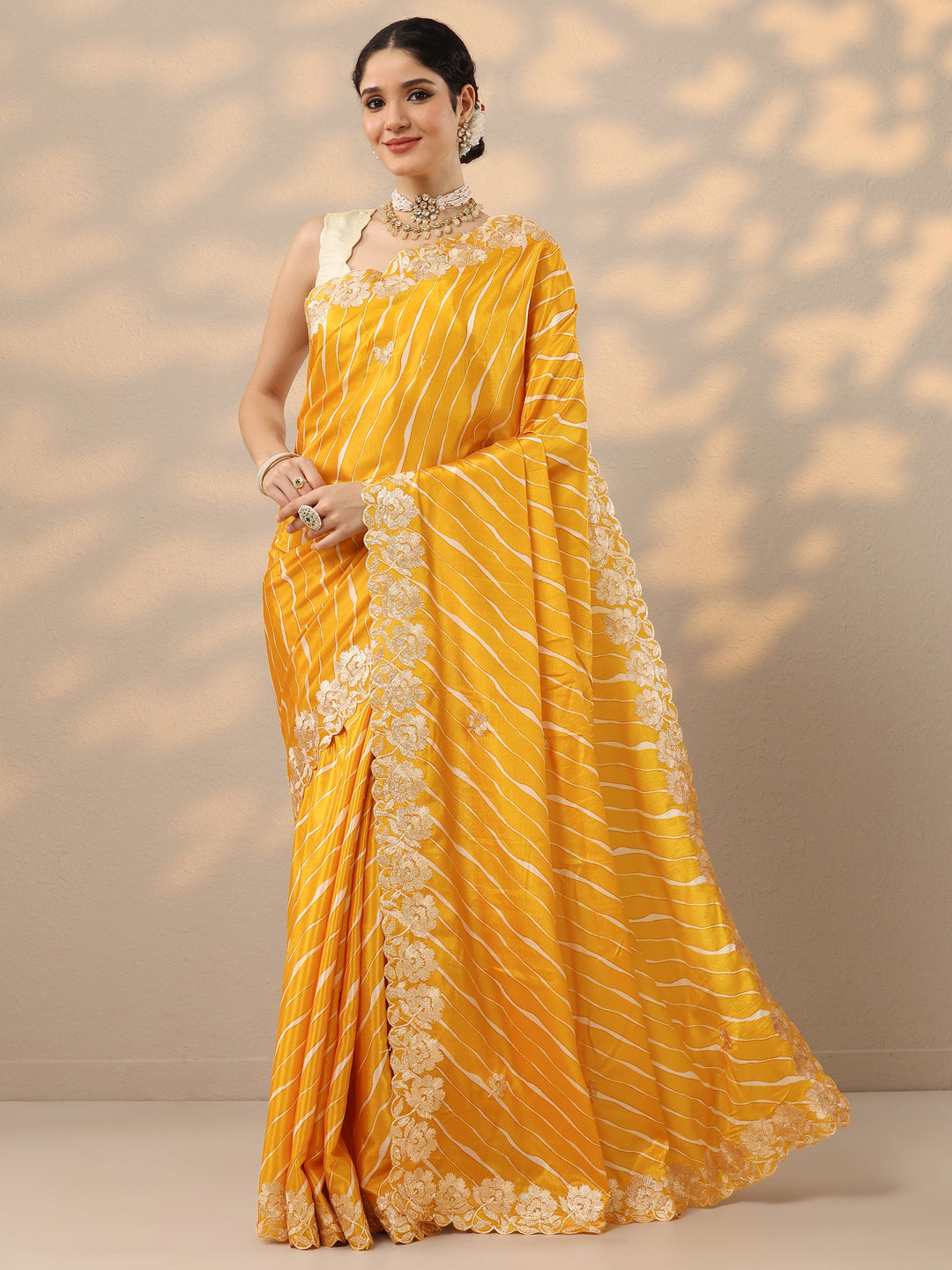  Mustard Leheriya Printed Chinon Saree With Unstitched Blouse Piece 