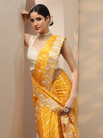Mustard Leheriya Printed Chinon Saree With Unstitched Blouse Piece