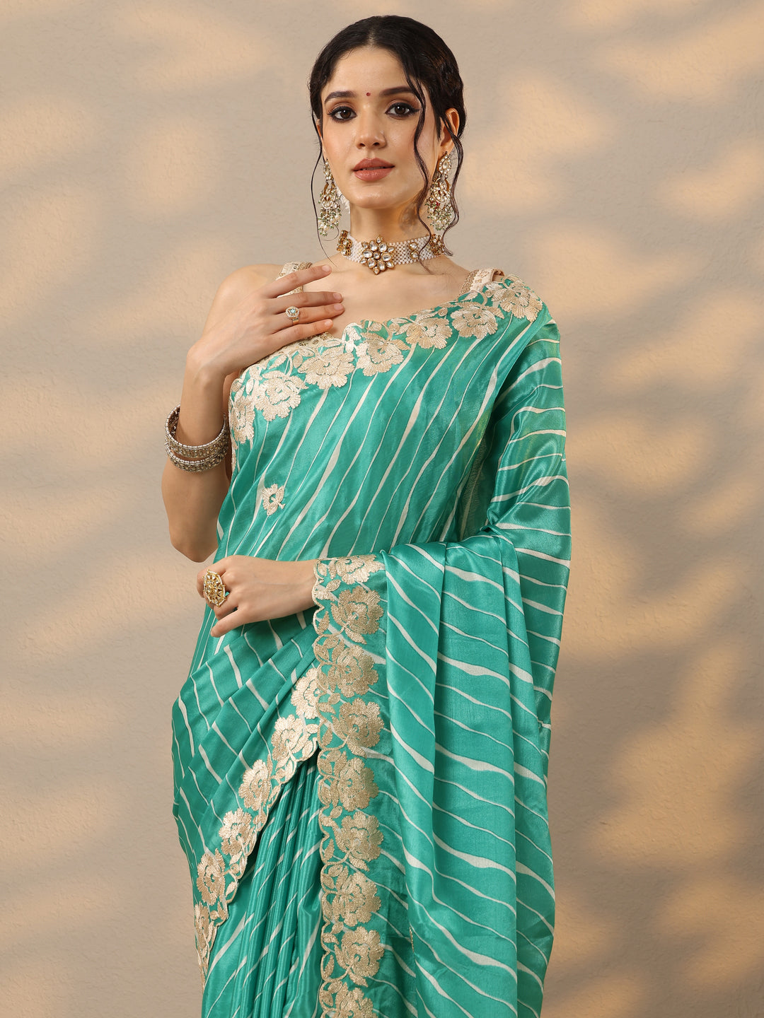  Green Leheriya Printed Chinon Saree With Unstitched Blouse Piece 