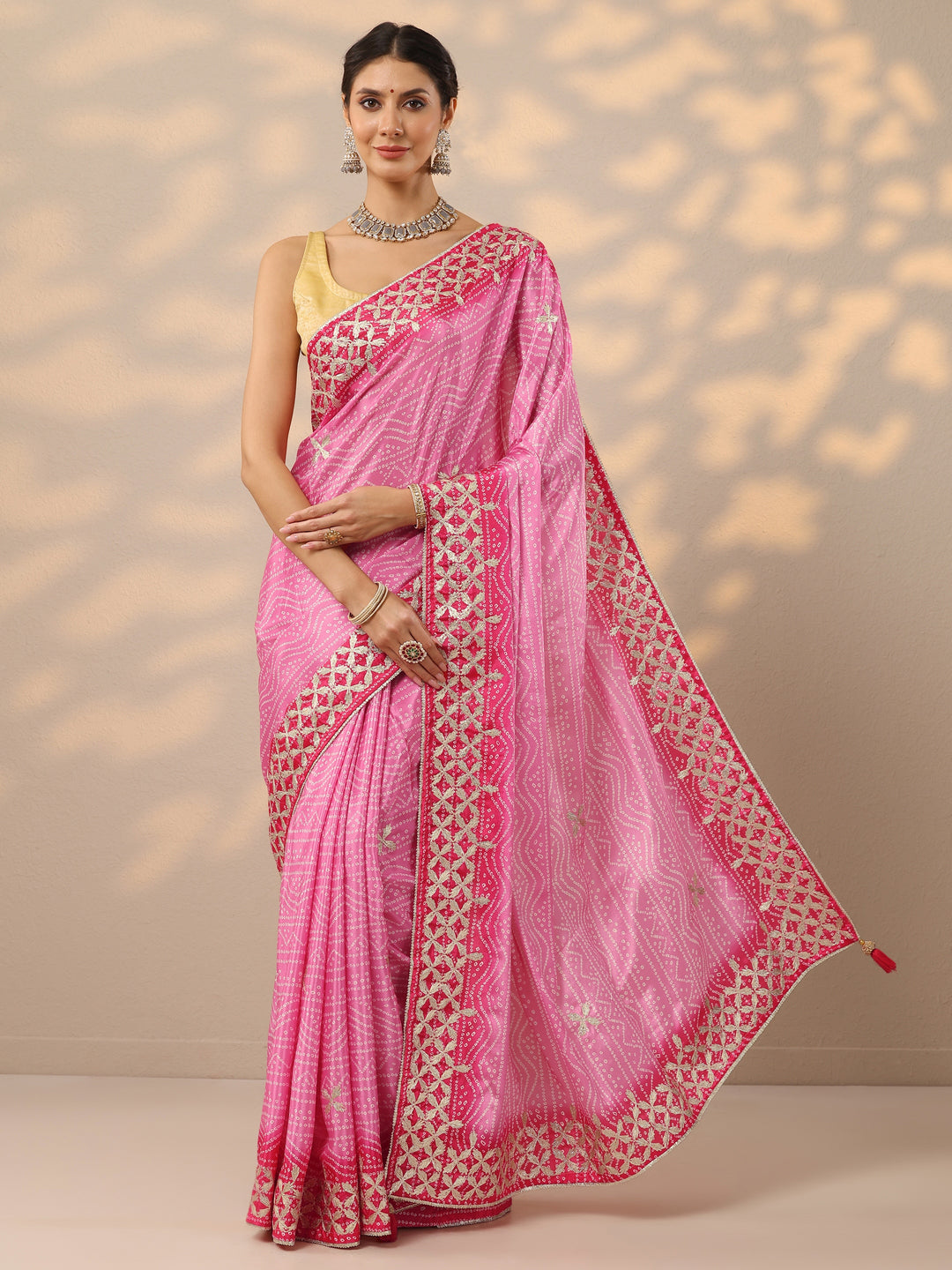  Pink Bandhani  Printed Chinon Saree With Unstitched Blouse Piece 