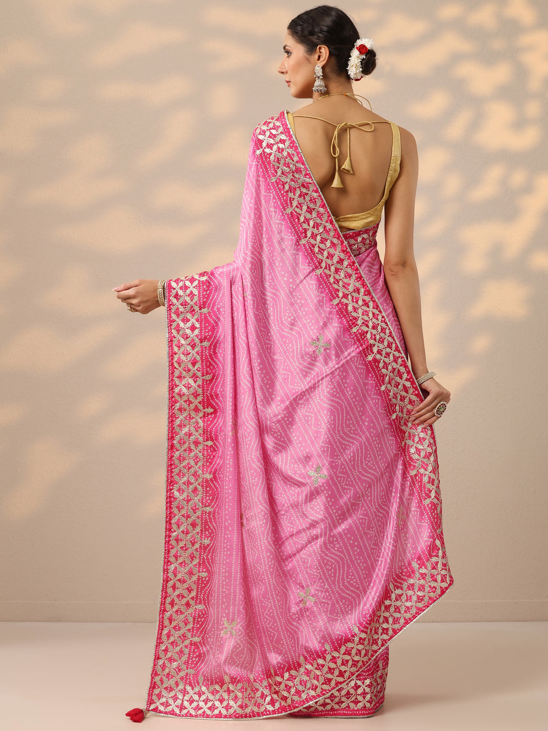  Pink Bandhani  Printed Chinon Saree With Unstitched Blouse Piece 