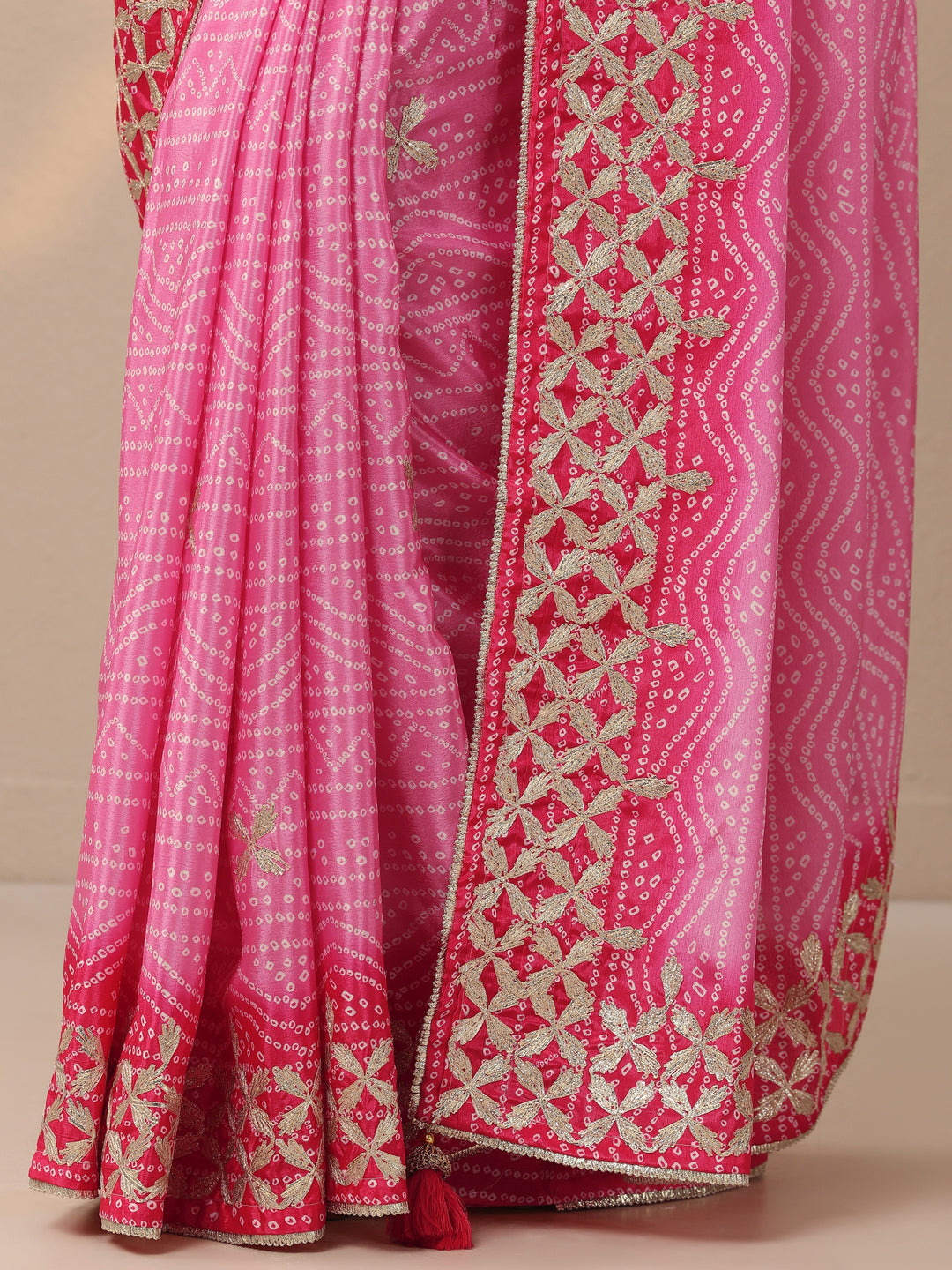  Pink Bandhani  Printed Chinon Saree With Unstitched Blouse Piece 