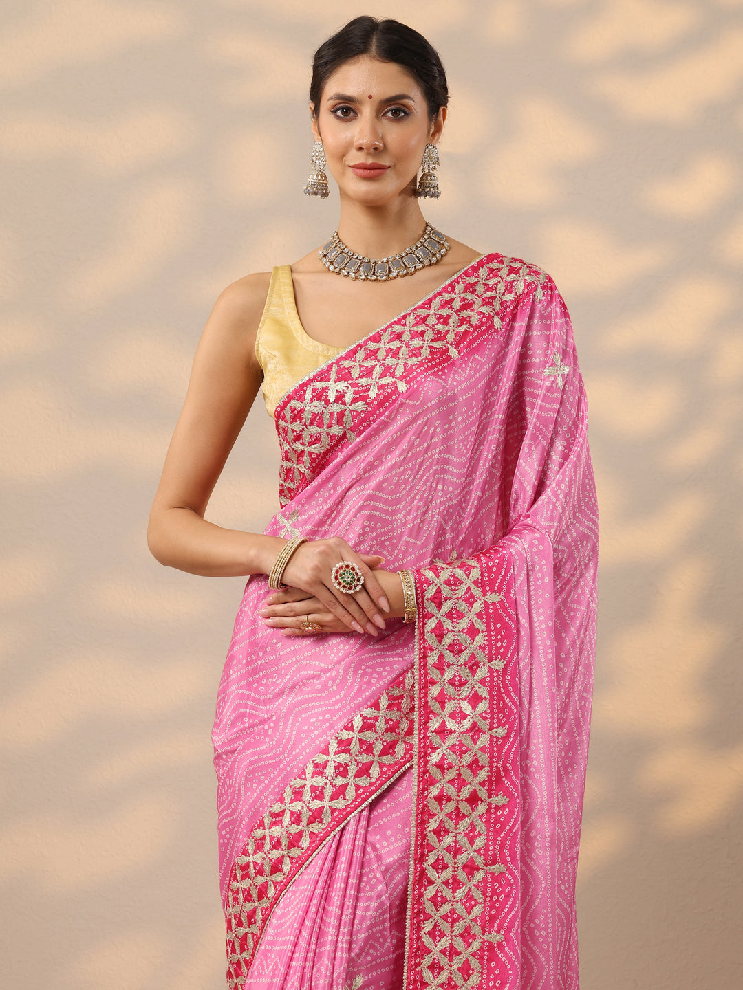  Pink Bandhani  Printed Chinon Saree With Unstitched Blouse Piece 