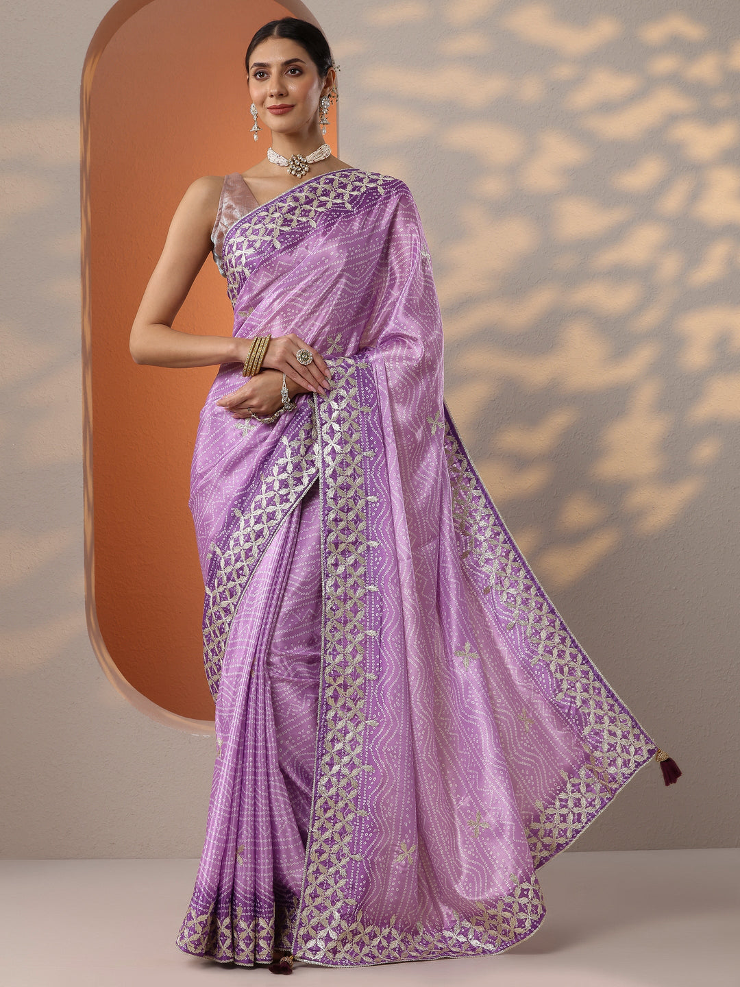  Lavender Bandhani Printed Chinon Saree With Unstitched Blouse Piece 