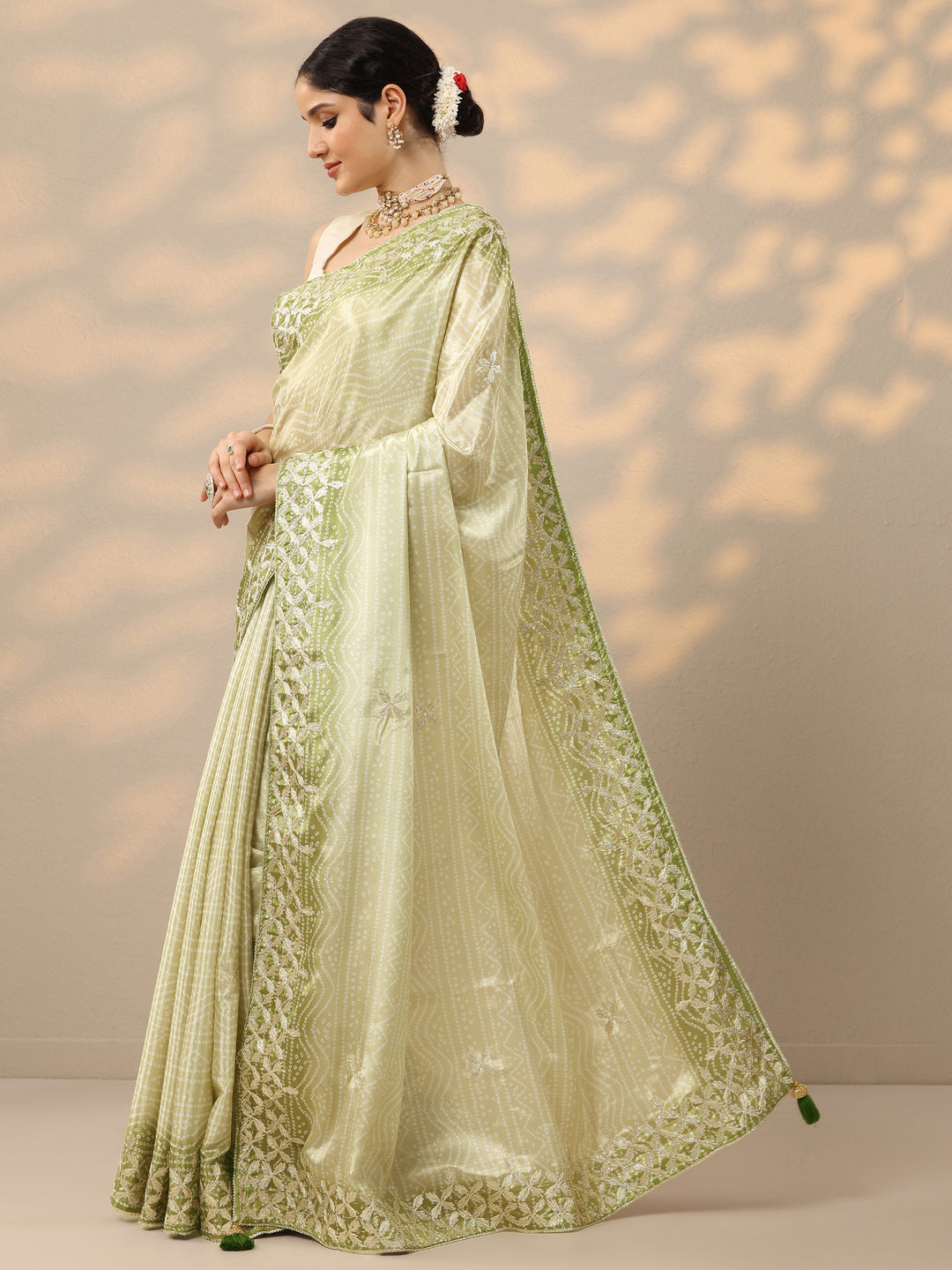  Green Printed Banarasi Chinon Saree With Unstitched Blouse Piece 