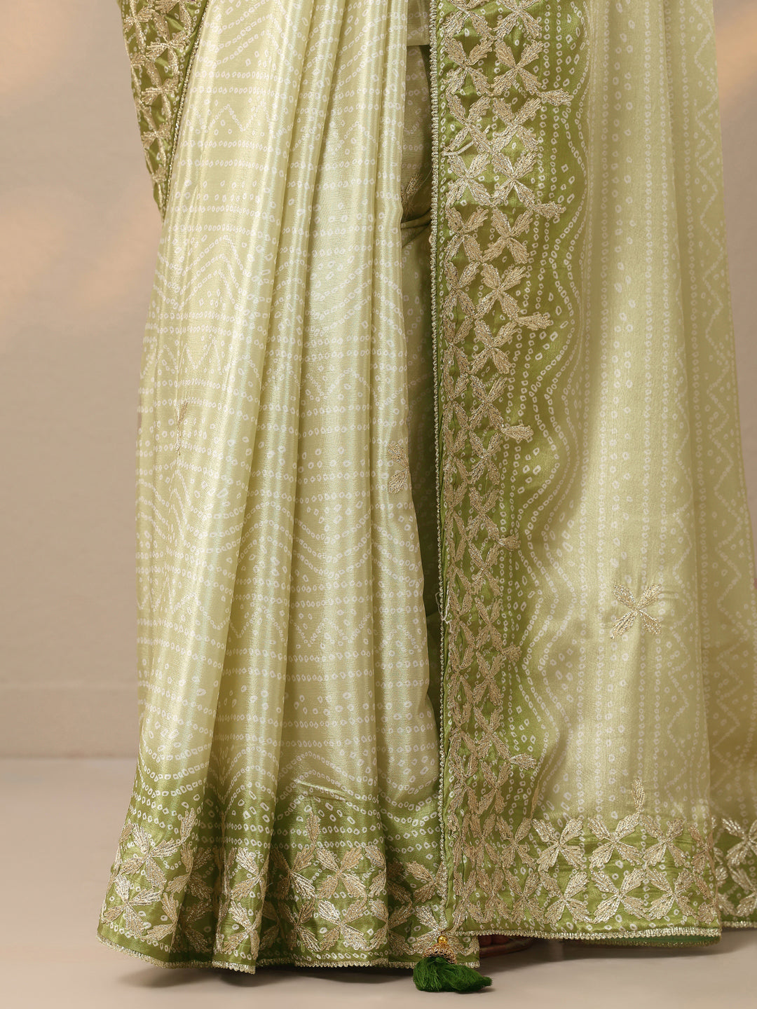  Green Printed Banarasi Chinon Saree With Unstitched Blouse Piece 