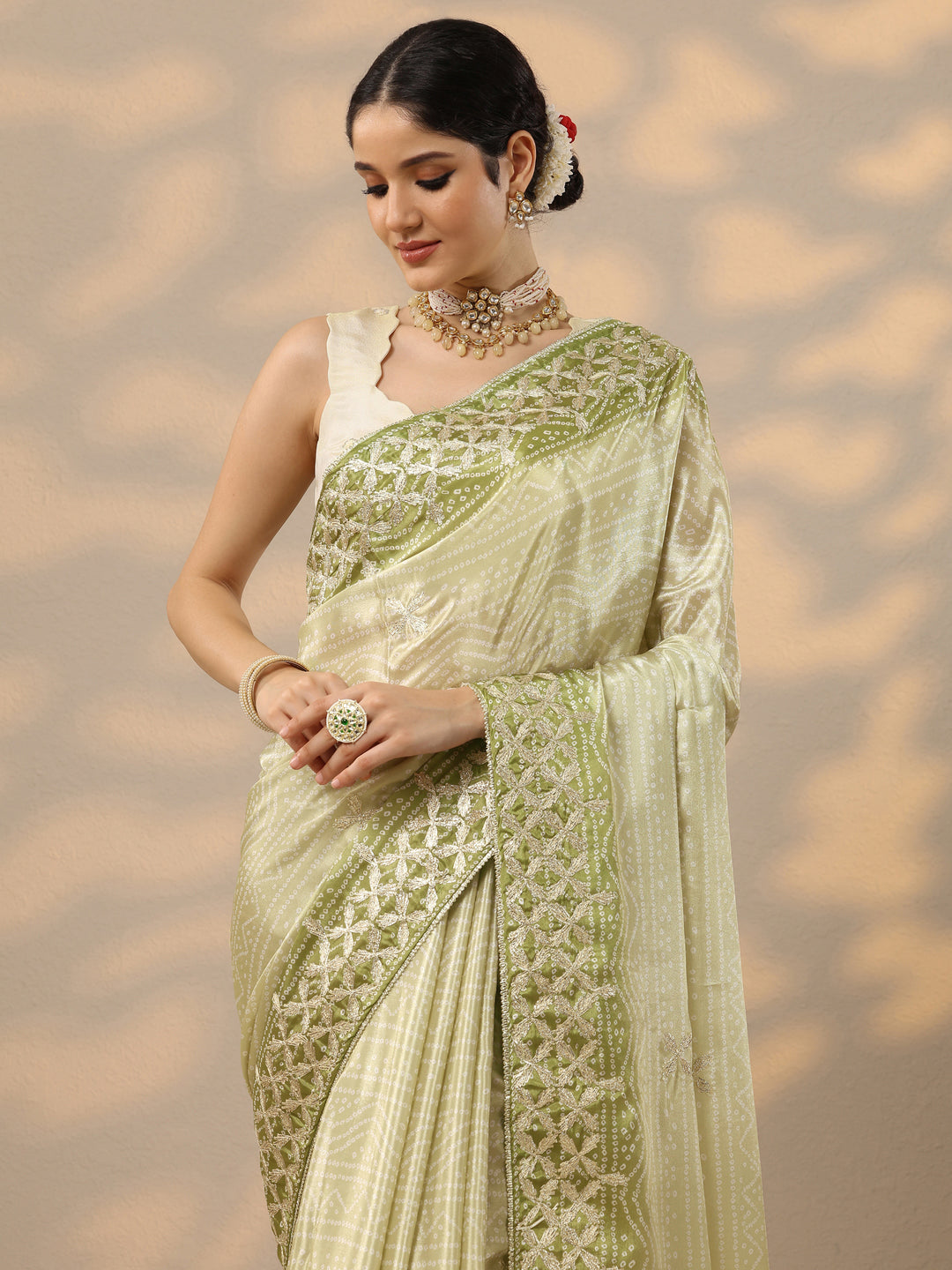  Green Printed Banarasi Chinon Saree With Unstitched Blouse Piece 