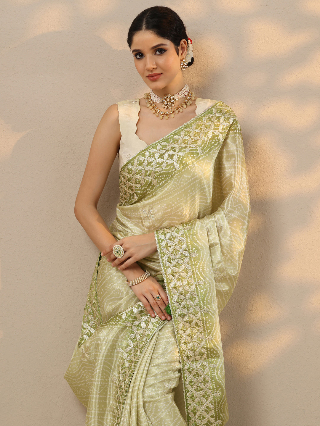  Green Printed Banarasi Chinon Saree With Unstitched Blouse Piece 