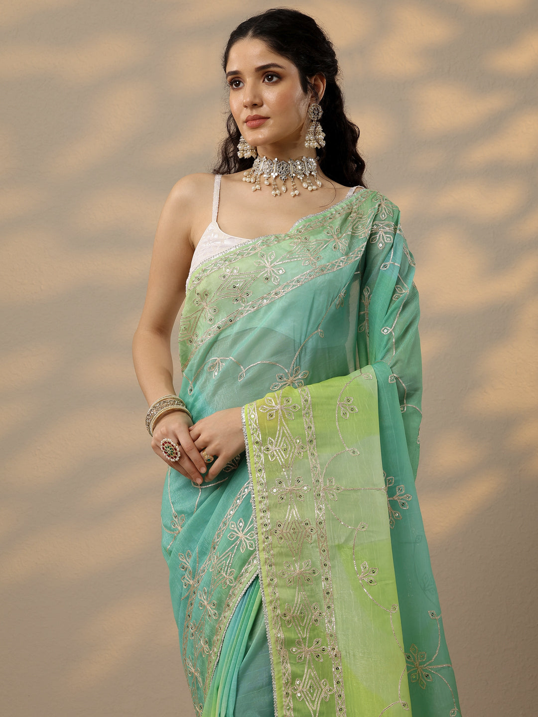  Green Embroidered Organza Saree With Unstitched Blouse Piece 