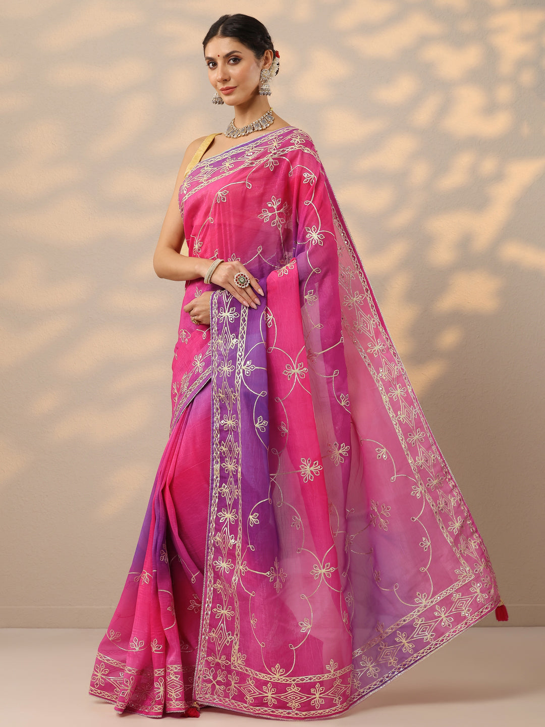  Pink Embroidered Organza Saree With Unstitched Blouse Piece 