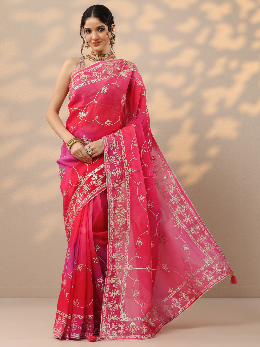  Pink Embroidered Organza Saree With Unstitched Blouse Piece 